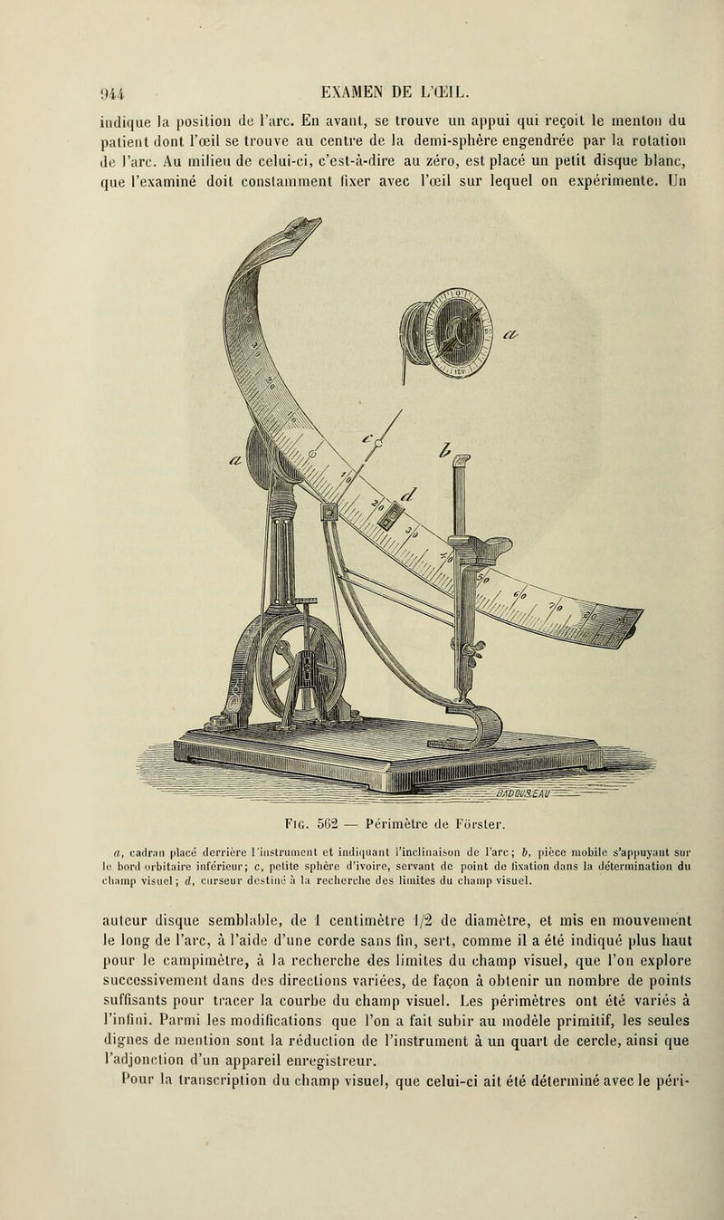 indique la position do l'arc. En avant, se trouve un appui qui reçoit le menton du patient dont l'œil se trouve au centre de la demi-sphère engendrée par la rotation de J'arc. Au milieu de celui-ci, c'est-à-dire au zéro, est placé un petit disque blanc, que l'examiné doit constamment fixer avec l'œil sur lequel on expérimente. Un Fig. 562 — Périmètre de Fôrster. a, cadran placé derrière l'instrument et indiquant l'inclinaison de l'arc; b, pièce mobile s'appuyaut sur le bord Orbitaire inférieur; c, petite sphère d'ivoire, servant de point de fixation dans la détermination du champ visuel; d, curseur destiné à la recherche des limites du champ visuel. auteur disque semblable, de 1 centimètre 1/2 de diamètre, et mis en mouvement le long de l'arc, à l'aide d'une corde sans fin, sert, comme il a été indiqué plus baut pour le campimètre, à la recherche des limites du champ visuel, que l'on explore successivement dans des directions variées, de façon à obtenir un nombre de points suffisants pour tracer la courbe du champ visuel. Les périmètres ont été variés à l'infini. Parmi les modifications que l'on a fait subir au modèle primitif, les seules dignes de mention sont la réduction de l'instrument à un quart de cercle, ainsi que l'adjonction d'un appareil enregistreur. Pour la transcription du champ visuel, que celui-ci ait été déterminé avec le péri-