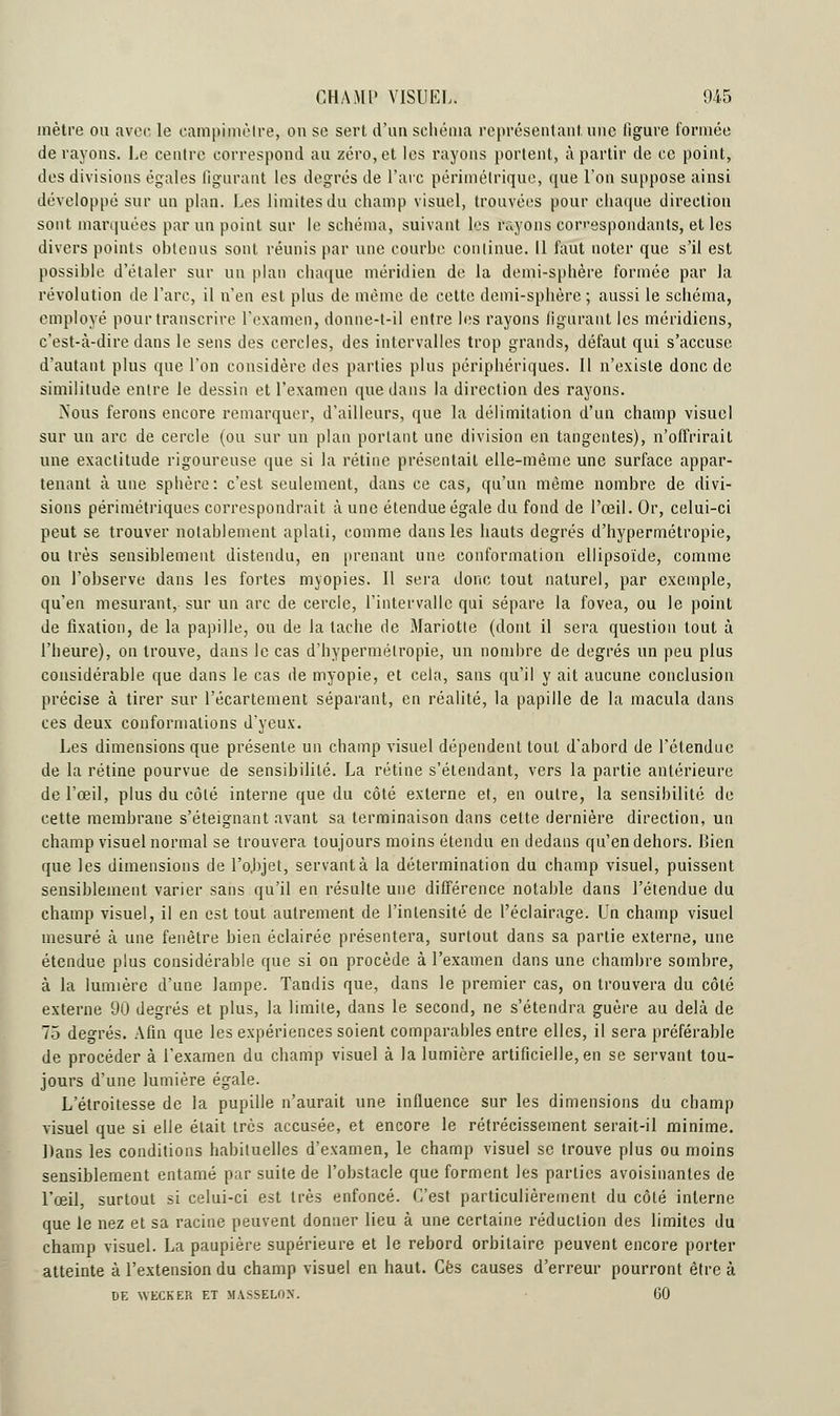 mètre ou avec le campimèlre, on se sert d'un schéma représentant, une figure formée de rayons. Le centre correspond au zéro, et les rayons portent, à partir de ce point, des divisions égales figurant les degrés de l'arc périmétrique, que l'on suppose ainsi développé sur un plan. Les limites du champ visuel, trouvées pour chaque direction sont marquées par un point sur le schéma, suivant les rayons correspondants, et les divers points obtenus sont réunis par une courbe continue. Il faut noter que s'il est possible d'étaler sur un plan chaque méridien de la demi-sphère formée par la révolution de l'arc, il n'en est plus de même de cette demi-sphère ; aussi le schéma, employé pour transcrire l'examen, donne-t-il entre les rayons figurant les méridiens, c'est-à-dire dans le sens des cercles, des intervalles trop grands, défaut qui s'accuse d'autant plus que l'on considère des parties plus périphériques. Il n'existe donc de similitude entre le dessin et l'examen que dans la direction des rayons. Nous ferons encore remarquer, d'ailleurs, que la délimitation d'un champ visuel sur un arc de cercle (ou sur un plan portant une division en tangentes), n'offrirait une exactitude rigoureuse que si la rétine présentait elle-même une surface appar- tenant à une sphère : c'est seulement, dans ce cas, qu'un même nombre de divi- sions périmétriques correspondrait à une étendue égale du fond de l'œil. Or, celui-ci peut se trouver notablement aplati, comme dans les hauts degrés d'hypermétropie, ou très sensiblement distendu, en prenant une conformation ellipsoïde, comme on l'observe dans les fortes myopies. Il sera donc tout naturel, par exemple, qu'en mesurant, sur un arc de cercle, l'intervalle qui sépare la fovea, ou le point de fixation, de la papille, ou de la tache de Mariotte (dont il sera question tout à l'heure), on trouve, dans le cas d'hypermétropie, un nombre de degrés un peu plus considérable que dans le cas de myopie, et cela, sans qu'il y ait aucune conclusion précise à tirer sur l'écartement séparant, en réalité, la papille de la macula dans ces deux conformations d'yeux. Les dimensions que présente un champ visuel dépendent tout d'abord de l'étendue de la rétine pourvue de sensibilité. La rétine s'étendant, vers la partie antérieure de l'œil, plus du côté interne que du côté externe et, en outre, la sensibilité de cette membrane s'éteignant avant sa terminaison dans celte dernière direction, un champ visuel normal se trouvera toujours moins étendu en dedans qu'en dehors. Bien que les dimensions de l'o,bjet, servant à la détermination du champ visuel, puissent sensiblement varier sans qu'il en résulte une différence notable dans l'étendue du champ visuel, il en est tout autrement de l'intensité de l'éclairage. Un champ visuel mesuré à une fenêtre bien éclairée présentera, surtout dans sa partie externe, une étendue plus considérable que si on procède à l'examen dans une chambre sombre, à la lumière d'une lampe. Tandis que, dans le premier cas, on trouvera du côté externe 90 degrés et plus, la limite, dans le second, ne s'étendra guère au delà de 75 degrés. Afin que les expériences soient comparables entre elles, il sera préférable de procéder à l'examen du champ visuel à la lumière artificielle, en se servant tou- jours d'une lumière égale. L'étroitesse de la pupille n'aurait une influence sur les dimensions du champ visuel que si elle était très accusée, et encore le rétrécissement serait-il minime. Dans les conditions habituelles d'examen, le champ visuel se trouve plus ou moins sensiblement entamé par suite de l'obstacle que forment les parties avoisinantes de l'œil, surtout si celui-ci est très enfoncé. C'est particulièrement du côté interne que le nez et sa racine peuvent donner lieu à une certaine réduction des limites du champ visuel. La paupière supérieure et le rebord orbitaire peuvent encore porter atteinte à l'extension du champ visuel en haut. Ces causes d'erreur pourront être à DE WECKER ET MASSELON. 60