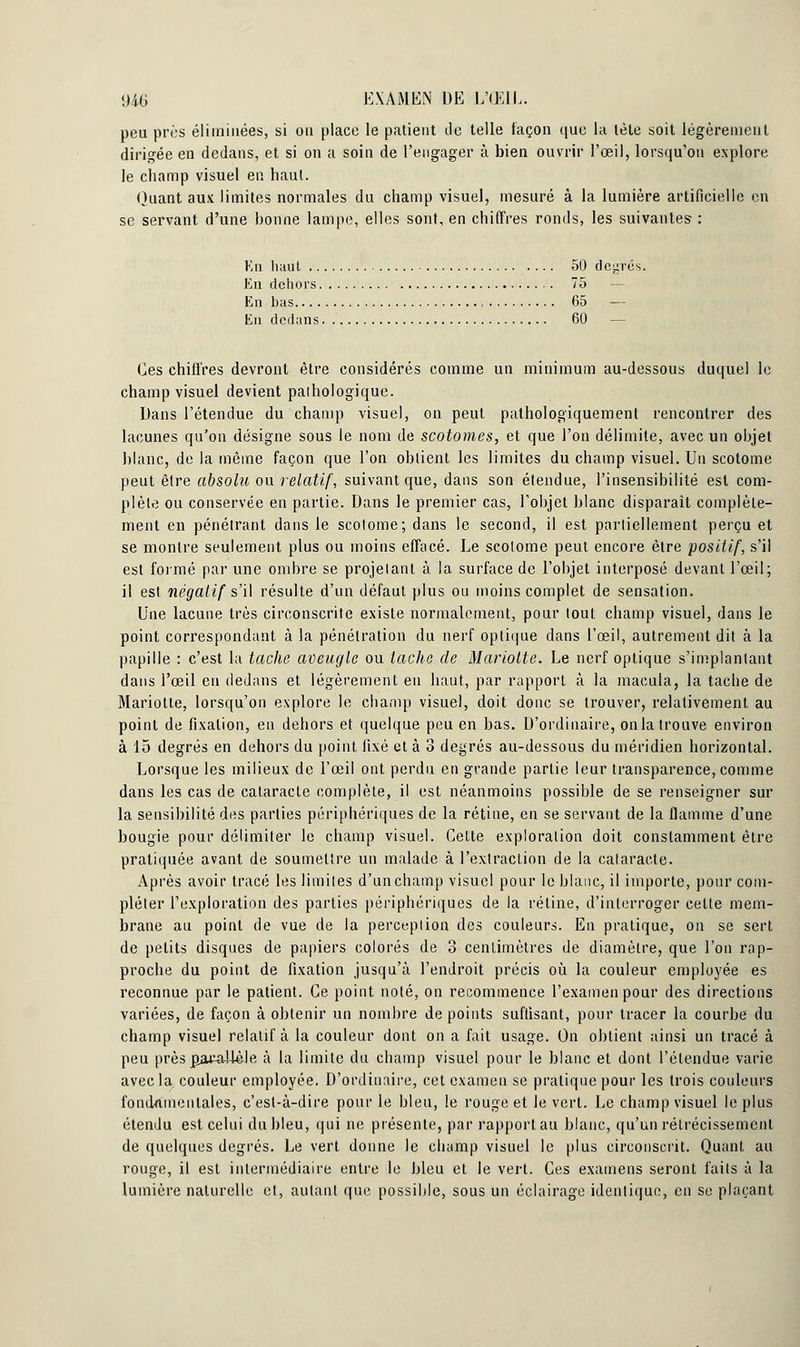 peu près éliminées, si ou place le patient de telle façon que la tète soit légèrement dirigée en dedans, et si on a soin de l'engager à bien ouvrir l'œil, lorsqu'on explore le champ visuel en haut. Quant aux limites normales du champ visuel, mesuré à la lumière artificielle en se servant d'une bonne lampe, elles sont, en chiffres ronds, les suivantes : En haut 50 degrés. En dehors 75 En has 65 — En dedans 60 — Ces chiffres devront être considérés comme un minimum au-dessous duquel le champ visuel devient pathologique. Dans l'étendue du champ visuel, on peut pathologiquement rencontrer des lacunes qu'on désigne sous le nom de scotomes, et que l'on délimite, avec un objet blanc, de la même façon que l'on obtient les limites du champ visuel. Un scotome peut être absolu ou relatif, suivant que, dans son étendue, l'insensibilité est com- plète ou conservée en partie. Dans le premier cas, l'objet blanc disparaît complète- ment en pénétrant dans le scolome; dans le second, il est partiellement perçu et se montre seulement plus ou moins effacé. Le scotome peut encore être positif, s'il est formé par une ombre se projetant à la surface de l'objet interposé devant l'œil; il est négatif s'il résulte d'un défaut plus ou moins complet de sensation. Une lacune très circonscrite existe normalement, pour tout champ visuel, dans le point correspondant à la pénétration du nerf optique dans l'œil, autrement dit à la papille : c'est la tache aveugle ou tache de Mariolte. Le nerf optique s'implanlant dans l'œil en dedans et légèrement eu haut, par rapport à la macula, la tache de Mariotte, lorsqu'on explore le ebamp visuel, doit donc se trouver, relativement au point de fixation, eu dehors et quelque peu en bas. D'ordinaire, onla trouve environ à 15 degrés en dehors du point fixé et à 3 degrés au-dessous du méridien horizontal. Lorsque les milieux de l'œil ont perdu en grande partie leur transparence, comme dans les cas de cataracte complète, il est néanmoins possible de se renseigner sur la sensibilité des parties périphériques de la rétine, en se servant de la flamme d'une bougie pour délimiter le champ visuel. Cette exploration doit constamment être pratiquée avant de soumettre un malade à l'extraction de la cataracte. Après avoir tracé les limites d'un champ visuel pour le blanc, il importe, pour com- pléter l'exploration des parties périphériques de la rétine, d'interroger cette mem- brane au point de vue de la perception des couleurs. En pratique, on se sert de petits disques de papiers colorés de 3 centimètres de diamètre, que l'on rap- proche du point de fixation jusqu'à l'endroit précis où la couleur employée es reconnue par le patient. Ce point noté, on recommence l'examen pour des directions variées, de façon à obtenir un nombre de points suffisant, pour tracer la courbe du champ visuel relatif à la couleur dont on a fait usage. On obtient ainsi un tracé à peu près patailèle à la limite du champ visuel pour le blanc et dont l'étendue varie avec la. couleur employée. D'ordinaire, cet examen se pratique pour les trois couleurs fondamentales, c'est-à-dire pour le bleu, le rouge et le vert. Le champ visuel le plus étendu est celui du bleu, qui ne présente, par rapport au blanc, qu'un rétrécissement de quelques degrés. Le vert donne le champ visuel le plus circonscrit. Quant au rouge, il est intermédiaire entre le bleu et le vert. Ces examens seront faits à la lumière naturelle et, autant que possible, sous un éclairage identique, en se plaçant