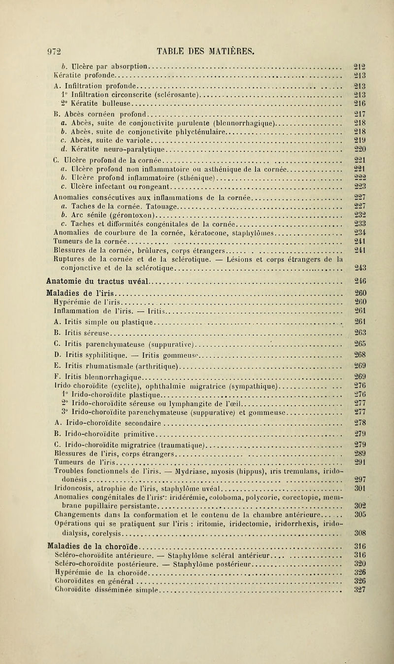 b. Ulcère par absorption 212 Kératite profonde 213 A. Infiltration profonde 213 1° Infiltration circonscrite (sclérosante) 213 2° Kératite bulleuse 216 B. Abcès cornéen profond 217 a. Abcès, suite de conjonctivite purulente (blcnnorrhagique) 218 b. Abcès, suite de conjonctivite phlycténulaire 218 c. Abcès, suite de variole 219 d. Kératite neuro-paralytique 220 C. Ulcère profond de la cornée 221 a. Ulcère profond non inflammatoire ou asthénique de la cornée 221 b. Ulcère profond inflammatoire (sthénique) 222 c. Ulcère infectant ou rongeant 223 Anomalies consécutives aux inflammations de la cornée 227 a. Taches de la cornée. Tatouage 227 b. Arc sénile (gérontoxon) 232 c. Taches et difformités congénitales de la cornée 233 Anomalies de courbure de la cornée, kératocone, staphylômes 234 Tumeurs de la cornée 241 Blessures de la cornée, brûlures, corps étrangers 241 Ruptures de la cornée et de la sclérotique. — Lésions et corps étrangers de la conjonctive et de la sclérotique 243 Anatomie du tractus uvéal 246 Maladies de l'iris 260 Hypérémie de l'iris 260 Inflammation de l'iris. — Iritis 261 A. Iritis simple ou plastique 261 B. Iritis séreuse 263 C. Iritis parenchymateuse (suppurative) ' 265 D. Iritis syphilitique. — Iritis gommeusc 268 E. Iritis rhumatismale (arthritique) 269 F. Iritis blennorrhagique 269 Irido choroïdite (cyclite), ophthalmie migratrice (sympathique) 276 1° Irido-choroïdite plastique 276 2° Irido-choroïdite séreuse ou lymphangite de l'œil 277 3° Irido-choroïdite parenchymateuse (suppurative) et gommeusc 277 A. Irido-choroïdite secondaire 278 B. Irido-choroïdite primitive 279 C. Irido-choroïdite migratrice (traumatique) 279 Blessures de l'iris, corps étrangers . 289 Tumeurs de l'iris 291 Troubles fonctionnels de l'iris. — Mydriase, myosis (hippus), iris tremulans, irido— donésis . 297 Iridoncosis, atrophie de l'iris, staphylôme uvéal 301 Anomalies congénitales de l'iris': iridérémie, coloboma, polycorie, corectopie, mem- brane pupillaire persistante 302 Changements dans la conformation et le contenu de la chambre antérieure 305 Opérations qui se pratiquent sur l'iris : iritomie, iridectomie, iridorrhexis, irido- dialysis, corelysis 308 Maladies de la choroïde 316 Scléro-choroïdite antérieure. — Staphylôme scierai antérieur 316 Scléro-choroïdite postérieure. — Staphylôme postérieur 320 Hypérémie de la choroïde 326 Choroïdites en général 326 Choroïdite disséminée simple 327