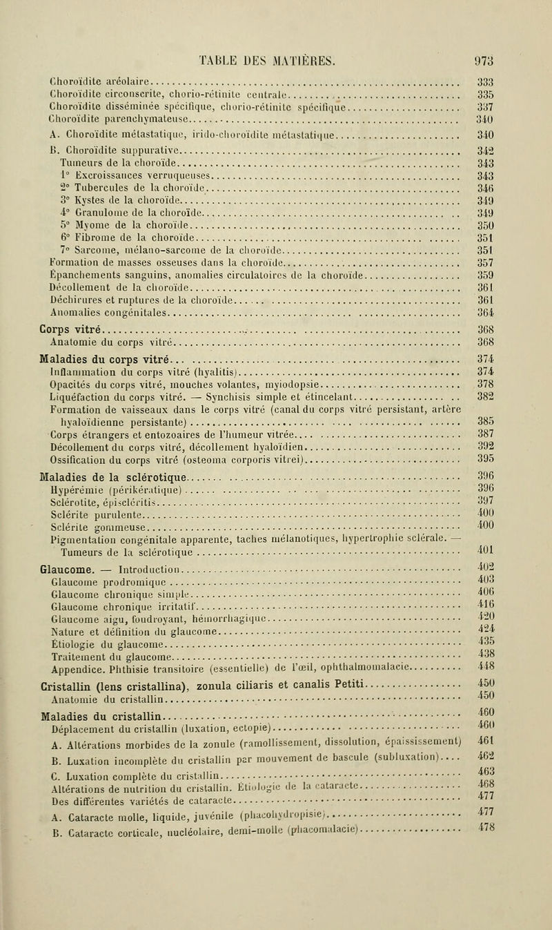 Ghoroïdite aréolaire 333 Choruïclite circonscrite, chorio-rétinile centrale 335 Choroïdite disséminée spécifique, cliorio-rétinitc spécifique 337 Ghoroïdite parenchymateuse 340 A. Ghoroïdite mélastatique, irido-clioroïdite métastatique 340 B. Choroïdite suppurative 342 Tumeurs de la choroïde 343 1° Excroissances verruqueuses 343 2° Tubercules de la choroïde 346 3° Kystes de la choroïde 340 4° Granulome de la choroïde 340 5° Myorne de la choroïde 350 6° Fibrome de la choroïde 351 7° Sarcome, mélauo-sarcome de la choroïde 351 Formation de masses osseuses dans la choroïde 357 Épanchements sanguins, anomalies circulatoires de la choroïde 359 Décollement de la choroïde 361 Déchirures et ruptures de la choroïde 361 Anomalies congénitales 364 Corps vitré 368 Anatomie du corps vitré 368 Maladies du corps vitré 374 Inflammation du corps vitré (hyalitis) 374 Opacités du corps vitré, mouches volantes, myiodopsie 378 Liquéfaction du corps vitré. — Synchisis simple et étincelant 382 Formation de vaisseaux dans le corps vitré (canal du corps vitré persistant, artère hyalùïdiennc persistante) 385 Corps étrangers et entozoaires de l'humeur vitrée 387 Décollement du corps vitré, décollement hyaloïdien 392 Ossification du corps vitré (osteoma corporis vitrei) 395 Maladies de la sclérotique 396 Hypérémie (périkératique) 396 Sclérotite, épisclcritis 397 Sclérite purulente -Wl) Sclérite gommeuse 400 Pigmentation congénitale apparente, taches mélanotiques, hypertrophie scléralc. — Tumeurs de la sclérotique 401 Glaucome. — Introduction 402 Glaucome prodromique 4-O.j Glaucome chronique simple 406 Glaucome chronique irritatif 416 Glaucome aigu, foudroyant, héinorrhagiquc 4-0 Nature et définition du glaucome 424 Étiologie du glaucome *«*«* Traitement du glaucome 4.j8 Appendice. Phthisie transitoire (essentielle) de l'œil, ophthalmomalacie 448 Cristallin (lens cristallina), zonula ciliaris et canalis Petiti 450 Anatomie du cristallin 450 Maladies du cristallin. 460 Déplacement du cristallin (luxation, ectopie) 460 A. Altérations morbides de la zonule (ramollissement, dissolution, épaississement) 461 B. Luxation incomplète du cristallin par mouvement de bascule (subluxation).... 462 C. Luxation complète du cristallin *£ Altérations de nutrition du cristallin. Étiologie de la cataracte 468 Des différentes variétés de cataracte A. Cataracte molle, liquide, juvénile (phacoliydropisie) 477 B. Cataracte corticale, uucléolaire, demi-molle (phacomalacic) 478