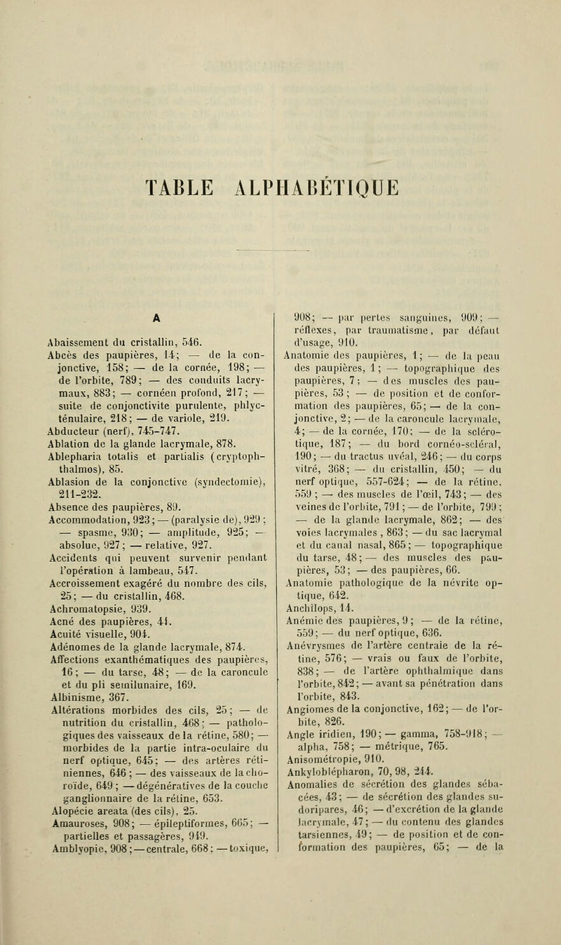 TABLE ALPHABÉTIQUE Abaissement du cristallin, 546. Abcès des paupières, 14; — de la con- jonctive, 158; — de la cornée, 198; — de l'orbite, 789; — des conduits lacry- maux, 883; — cornéen profond, 217; — suite de conjonctivite purulente, phlyc- ténulaire, 218; — de variole, 219. Abducteur (nerf), 745-747. Ablation de la glande lacrymale, 878. Ablepharia totalis et parlialis (cryptoph- thalmos), 85. Ablasion de la conjonctive (syndectomie), 211-232. Absence des paupières, 89. Accommodation, 923 ; — (paralysie de), 929 ; — spasme, 930; — amplitude, 925; — absolue, 927; — relative, 927. Accidents qui peuvent survenir pendant l'opération à lambeau, 547. Accroissement exagéré du nombre des cils, 25; —du cristallin, 468. Achromatopsie, 939. Acné des paupières, 44. Acuité visuelle, 904. Adénomes de la glande lacrymale, 874. Affections exanthématiques des paupières, 16; — du tarse, 48; — de la caroncule et du pli seinilunaire, 169. Albinisme, 367. Altérations morbides des cils, 25; — de nutrition du cristallin, 468; — patholo- giques des vaisseaux de la rétine, 580; — morbides de la partie intra-oculaire du nerf optique, 645; — des artères réti- niennes, 646 ; — des vaisseaux de la cho- roïde, 649 ; —dégénératives de la couche ganglionnaire de la rétine, 653. Alopécie areata (des cils), 25. Amauroses, 908; —épileptiformes, 665; — partielles et passagères, 919. Amblyopie, 908; —centrale, 668: —toxique, 908; — par pertes sanguines, 909; — réflexes, par traumatisme, par défaut d'usage, 910. Anatomie des paupières, 1 ; — de la peau des paupières, 1 ; — topographique des paupières, 7; — des muscles des pau- pières, 53 ; — de position et de confor- mation des paupières, 65; — de la con- jonctive, 2; — de la caroncule lacrymale, 4; — de la cornée, 170; — de la scléro- tique, 187; — du bord cornéo-scléral, 190; — du tractus uvéal, 246; — du corps vitré, 368; — du cristallin, 450; — du nerf optique, 557-624; — de la rétine, 559 ; —■ des muscles de l'œil, 743; — des veines de l'orbite, 791 ; — de l'orbite, 799 ; — de la glande lacrymale, 862; — des voies lacrymales , 863; — du sac lacrymal et du canal nasal, 865; — topographique du tarse, 48;— des muscles des pau- pières, 53; —des paupières, 66. Anatomie pathologique de la névrite op- tique, 642. Anchilops, 14. Anémie des paupières, 9; — de la rétine, 559; — du nerf optique, 636. Anévrysmes de l'artère centrale de la ré- tine, 576; — vrais ou faux de l'orbite, 838; — de l'artère ophthalmiquc dans l'orbite, 842; — avant sa pénétration dans l'orbite, 843. Angiomes de la conjonctive, 162; — de l'or- bite, 826. Angle iridien, 190;— gamma, 758-918; - alpha, 758; — métrique, 765. Anisométropie, 910. Ankyloblépharon, 70, 98, 244. Anomalies de sécrétion des glandes séba- cées, 43; — de sécrétion des glandes su- doripares, 46; — d'excrétion de la glande lacrymale, 47; — du contenu des glandes tarsiennes, 49; — de position et de con- formation des paupières, 65; — de la