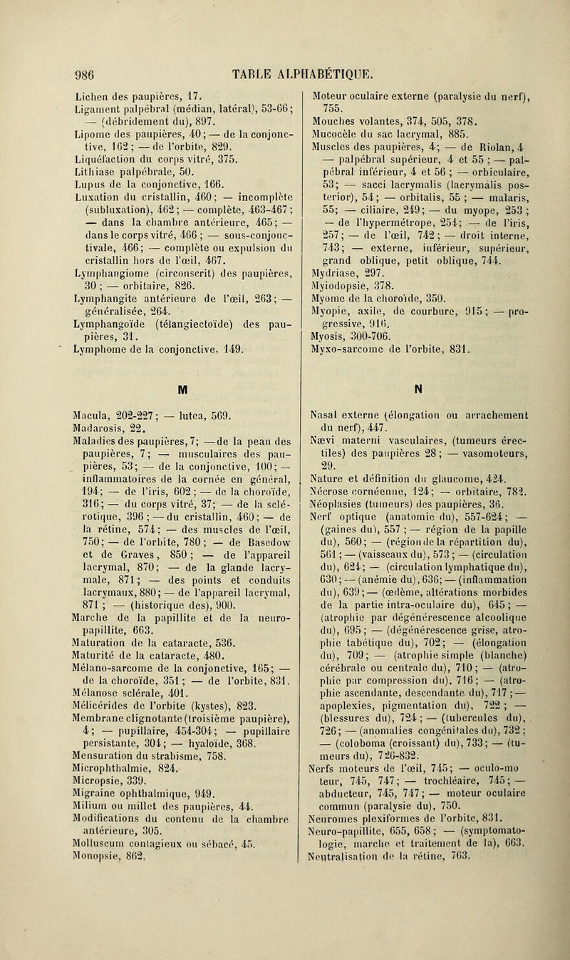 Lichen des paupières, 17. Ligament palpébral (médian, latéral), 53-G6; — (débridement du), 897. Lipome des paupières, 40; — de la conjonc- tive, 162; —de l'orbite, 829. Liquéfaction du corps vitré, 375. Lithiase palpébrale, 50. Lupus de la conjonctive, 166. Luxation du cristallin, 460; — incomplète (subluxation), 462; — complète, 463-467 ; — dans la chambre antérieure, 465; — dans le corps vitré, 466 ; — sous-conjonc- tivale, 466; — complète ou expulsion du cristallin hors de l'œil, 467. Lymphangiome (circonscrit) des paupières, 30 ; — orbitaire, 826. Lymphangite antérieure de l'œil, 263; — généralisée, 264. Lymphangoïde (télangiectoïde) des pau- pières, 31. Lymphome de la conjonctive, 149. M Macula, 202-227 ; — lutea, 569. Madarosis, 22. Maladies des paupières, 7; —de la peau des paupières, 7; — musculaires des pau- pières, 53; — de la conjonctive, 100; — inflammatoires de la cornée en général, 194; — de l'iris, 602; — de la choroïde, 316; — du corps vitré, 37; — de la sclé- rotique, 396;—du cristallin, 460;— de la rétine, 574; — des muscles de l'œil, 750; — de l'orbite, 780; — de Basedow et de Graves, 850 ; — de l'appareil lacrymal, 870; — de la glande lacry- male, 871; — des points et conduits lacrymaux, 880; — de l'appareil lacrymal, 871 ; — (historique des), 900. Marche de la papillite et de la neuro- papillite, 663. Maturation de la cataracte, 536. Maturité de la cataracte, 480. Mélano-sarcome de la conjonctive, 165; — de la choroïde, 351 ; — de l'orbite, 831. Mélanose sclérale, 401. Mélicérides de l'orbite (kystes), 823. Membrane clignotante (troisième paupière), 4; — pupillaire, 454-304; — pupillaire persistante, 301; — hyaloïde, 368. Mensuration du strabisme, 758. Microphthalmie, 824. Micropsie, 339. Migraine ophthalmique, 949. Milium ou millet des paupières, Ai- Modifications du contenu de la chambre antérieure, 305. Molluscum contagieux ou sébacé, 45. Monopsie, 862. Moteur oculaire externe (paralysie du nerf), 755. Mouches volantes, 374, 505, 378. Mucocèle du sac lacrymal, 885. Muscles des paupières, 4; — de Riolan,4 — palpébral supérieur, 4 et 55 ; — pal- pébral inférieur, 4 et 56 ; — orbiculaire, 53; — sacci lacrymalis (lacrymalis pos- terior), 54; — orbitalis, 55 ; — malaris 55; — ciliaire, 249; — du myope, 253 — de l'hypermétrope, 254; — de l'iris 257; — de l'œil, 742; — droit interne 743; — externe, inférieur, supérieur grand oblique, petit oblique, 744. Mydriase, 297. Myiodopsie, 378. Myome de la choroïde, 350. Myopie, axile, de courbure, 915; —pro- gressive, 911), Myosis, 300-706. Mvxo-sarcome de l'orbite, 831. N Nasal externe (élongation ou arrachement du nerf), 447. Nœvi materai vasculaires, (tumeurs érec- tiles) des paupières 28 ; — vasomoteurs, 29. Nature et définition du glaucome, 424. Nécrose cornéenne, 124; — orbitaire, 78'2. Néoplasies (tumeurs) des paupières, 36. Nerf optique (anatomie du), 557-624; — (gaines du), 557 ; — région de la papille du), 560; — (région de la répartition du), 561 ; — (vaisseaux du), 573 ; — (circulation du), 621; — (circulation lymphatique du), 630; — (anémie du), 636; — (inflammation du), 639;— (œdème, altérations morbides de la partie intra-oculaire du), 645 ; — (atrophie par dégénérescence alcoolique du), 695; — (dégénérescence grise, atro- phie tabétique du), 702; — (élongation du), 709; — (atrophie simple (blanche) cérébrale ou centrale du), 710; — (atro- phie par compression du), 716; — (atro- phie ascendante, descendante du), 717 ; — apoplexies, pigmentation du), 722 ; — (blessures du), 724; — (tubercules du), . 726; — (anomalies congénitales du), 732 ; — (coloboma (croissant) du), 733; — (tu- meurs du), 726-832. Nerfs moteurs de l'œil, 745; — oculo-mo teur, 745, 747; — trochléaire, 745; — abducteur, 745, 747 ; — moteur oculaire commun (paralysie du), 750. Neuromes plexiformes de l'orbite, 831. Neuro-papillite, 655, 658 ; — (symptomato- logie, marche et traitement de la), 663. Neutralisation do la rétine, 763.
