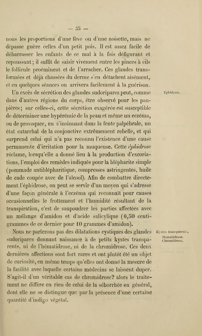 nous les proportions d'une fève ou d'une noisette, mais ne dépasse guère celles d'un petit pois. Il est assez facile de débarrasser les enfants de ce mal à la fois défigurant et repoussant; il suffit de saisir vivement entre les pinces à cils le follicule proéminent et de l'arracher. Ces glandes trans- formées et déjà chassées du derme s'en détachent aisément, et en quelques séances on arrivera facilement à la guérison. Un excès de sécrétion des glandes sudoripares peut, comme EpMdrosc. dans d'autres régions du corps, être observé pour les pau- pières; sur celles-ci, cette sécrétion exagérée est susceptible de déterminer une hypérémie de la peau et môme un eczéma, ou de provoquer, en s'insinuant dans la fente palpébrale, un état catarrhal de la conjonctive extrêmement rebelle, et qui surprend celui qui n'a pas reconnu l'existence d'une cause permanente d'irritation pour la muqueuse. Cette èphidrose réclame, lorsqu'elle a donné lieu à la production d'excoria- tions, l'emploi des remèdes indiqués pour la blépharite simple (pommade antiblépharitique. compresses astringentes, huile de cade coupée avec de l'alcool). Afin de combattre directe- ment l'éphidrose, on peut se servir d'un moyen qui s'adresse d'une façon générale à l'eczéma qui reconnaît pour causes occasionnelles le frottement et l'humidité résultant de la transpiration, c'est de saupoudrer les parties affectées avec un mélange d'amidon et d'acide salicylique (0,50 centi- grammes de ce dernier pour 10 grammes d'amidon). Nous ne parlerons pas des dilatations cystiques des glandes Kystes transpareut- .-udoriparcs donnant naissance à de petits kystes transpa- ctomidrœe.' rents. ni de riiématidrose, ni de la chromidrose. Ces deuv dernières affections sont fort rares et ont plutôt été un objet de curiosité, en même temps qu'elles ont donné la mesure de la facilité avec laquelle certains médecins se laissent duper. S'agit-il d'un véritable cas de chromidrose? alors le traite- ment ne diffère en rien de celui de la séborrhée en général, dont elle ne se distingue que par la présence d'une certaine quantité d'indigo végétal.