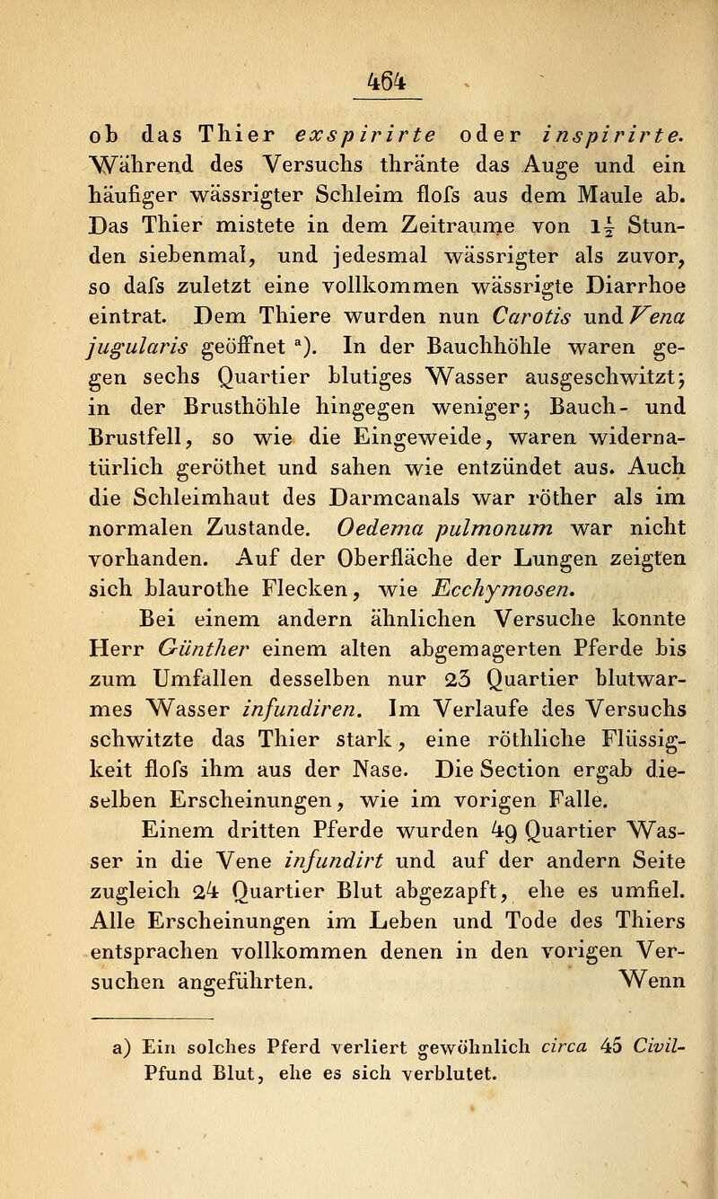 ob das Thier exspirirte oder inspirirte. Während des Versuchs thränte das Auge und ein häufiger wässrigter Schleim flofs aus dem Maule ab. Das Thier mistete in dem Zeiträume von \~ Stun- den siebenmal, und jedesmal wässrigter als zuvor, so dafs zuletzt eine vollkommen wässrigte Diarrhoe eintrat. Dem Thiere wurden nun Carotis und Vena jugularis geöffnet ^). In der Bauchhöhle waren ge- gen sechs Quartier blutiges Wasser ausgeschwitzt; in der Brusthöhle hingegen weniger; Bauch- und Brustfell, so wie die Eingeweide, waren widerna- türlich geröthet und sahen wie entzündet aus. Auch die Schleimhaut des Darmcanals war röther als im normalen Zustande. Oedema pulmonum war nicht vorhanden. Auf der Oberfläche der Lungen zeigten sich blaurothe Flecken, wie Ecchym.osen, Bei einem andern ähnlichen Versuche konnte Herr Günther einem alten abgemagerten Pferde bis zum Umfallen desselben nur 23 Quartier blutwar- mes Wasser infundiren. Im Verlaufe des Versuchs schwitzte das Thier stark, eine röthliche Flüssig- keit flofs ihm aus der Nase. Die Section ergab die- selben Erscheinungen, wie im vorigen Falle. Einem dritten Pferde wurden 49 Quartier Was- ser in die Vene infundirt und auf der andern Seite zugleich 24 Quartier Blut abgezapft, ehe es umfiel. Alle Erscheinungen im Leben und Tode des Thiers entsprachen vollkommen denen in den vorigen Ver- suchen angeführten. Wenn a) Ein solches Pferd verliert gewöhnlich circa 45 Civil- Pfund Blut, ehe es sich verblutet.