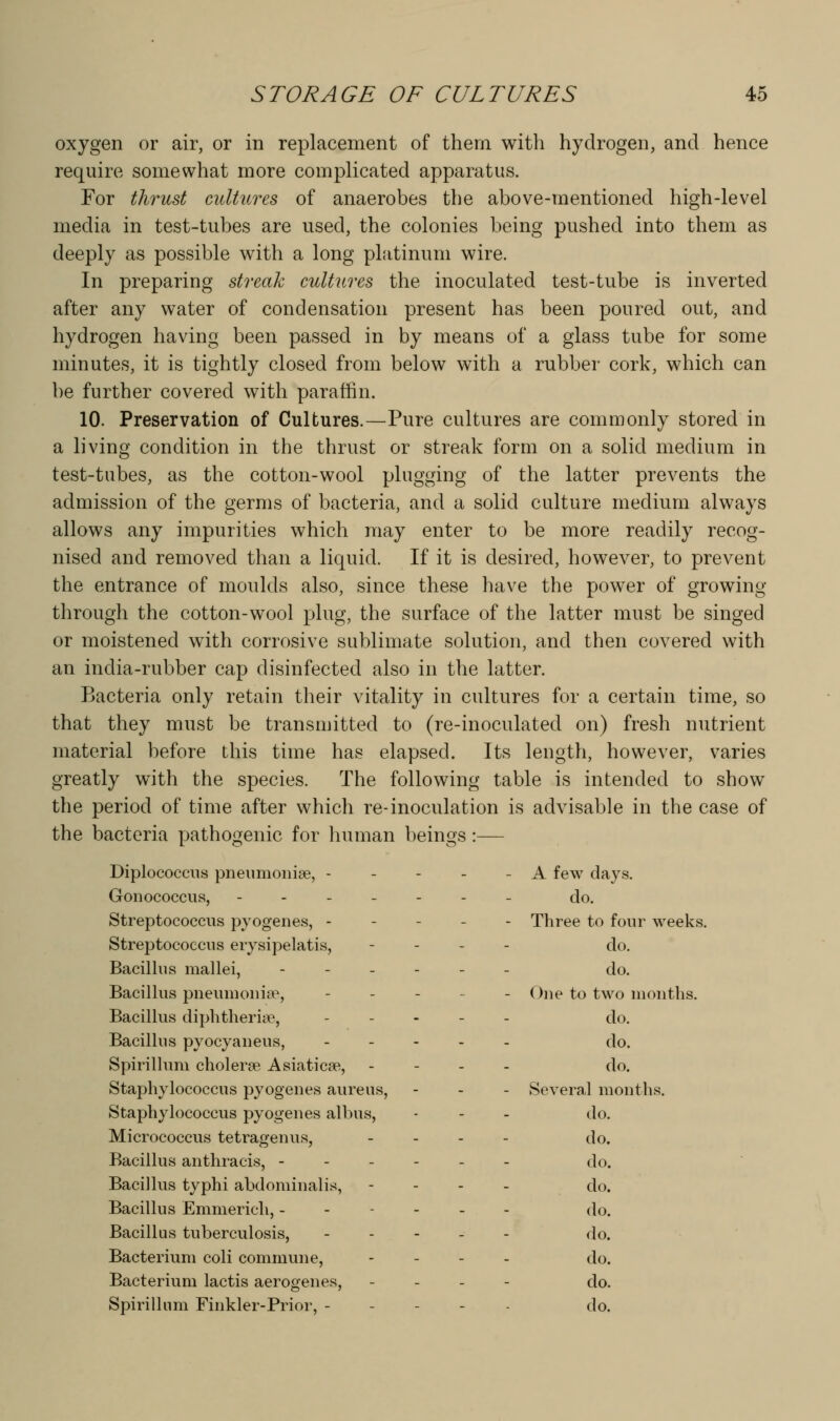 oxygen or air, or in replacement of them with hydrogen, and hence require somewhat more complicated apparatus. For thrust cultures of anaerobes the above-mentioned high-level media in test-tubes are used, the colonies being pushed into them as deeply as possible with a long platinum wire. In preparing streak cultures the inoculated test-tube is inverted after any water of condensation present has been poured out, and hydrogen having been passed in by means of a glass tube for some minutes, it is tightly closed from below with a rubber cork, which can be further covered with paraffin. 10. Preservation of Cultures.—Pure cultures are commonly stored in a living condition in the thrust or streak form on a solid medium in test-tubes, as the cotton-wool plugging of the latter prevents the admission of the germs of bacteria, and a solid culture medium always allows any impurities which may enter to be more readily recog- nised and removed than a liquid. If it is desired, however, to prevent the entrance of moulds also, since these have the power of growing through the cotton-wool plug, the surface of the latter must be singed or moistened with corrosive sublimate solution, and then covered with an india-rubber cap disinfected also in the latter. Bacteria only retain their vitality in cultures for a certain time, so that they must be transmitted to (re-inoculated on) fresh nutrient material before this time has elapsed. Its length, however, varies greatly with the species. The following table is intended to show the period of time after which re-inoculation is advisable in the case of the bacteria pathogenic for human beings:— Diplococcus pneumoniae, - - - - - A few days. Gonococcua, ------- do. Streptococcus pyogenes, ----- Three to four weeks. Streptococcus erysipelatis, - - _ . do. BaciUus mallei, --.-.. do. Bacillus pneumonite, . _ - - - One to two months. Bacillus diphtheriae, - . . . . do. Bacillus pyocyaneus, . _ - . . do. Spirillum cholerse Asiaticae, - - - - do. Staphylococcus pyogenes aureus, - . . Several months. Staphylococcus pyogenes albus, - - - do. Micrococcus tetragenus, _ . . - do. Bacillus anthracis, ------ do. Bacillus typhi abdominalis, - - - - do. Bacillus Emmerich, ------ do. Bacillus tuberculosis, do. Bacterium coli commune, - - . . do. Bacterium lactis aerogenes, - - - - do. Spirillum Finkler-Prior, do.