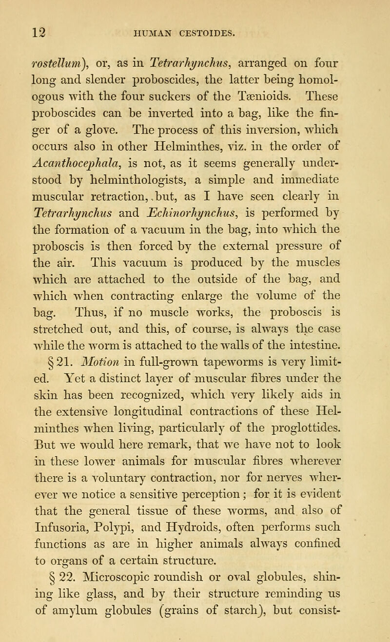 rostellnm\ or, as in Tetrarhynchus, arranged on four long and slender proboscides, the latter being homol- ogous with the four suckers of the Tamioids. These proboscides can be inverted into a bag, like the fin- ger of a glove. The process of this inversion, which occurs also in other Helminthes, viz. in the order of Acanthocephala, is not, as it seems generally under- stood by helminthologists, a simple and immediate muscular retraction,, but, as I have seen clearly in Tetrarhynchus and Echinorhynchus, is performed by the formation of a vacuum in the bag, into which the proboscis is then forced by the external pressure of the air. This vacuum is produced by the muscles which are attached to the outside of the bag, and which when contracting enlarge the volume of the bag. Thus, if no muscle works, the proboscis is stretched out, and this, of course, is always the case while the worm is attached to the walls of the intestine. § 21. Motion in full-grown tapeworms is very limit- ed. Yet a distinct layer of muscular fibres under the skin has been recognized, which very likely aids in the extensive longitudinal contractions of these Hel- minthes when living, particularly of the proglottides. But we would here remark, that we have not to look in these lower animals for muscular fibres wherever there is a voluntary contraction, nor for nerves wher- ever we notice a sensitive perception; for it is evident that the general tissue of these worms, and also of Infusoria, Polypi, and Hydroids, often performs such functions as are in higher animals always confined to organs of a certain structure. § 22. Microscopic roundish or oval globules, shin- ing like glass, and by their structure reminding us of amylum globules (grains of starch), but consist-