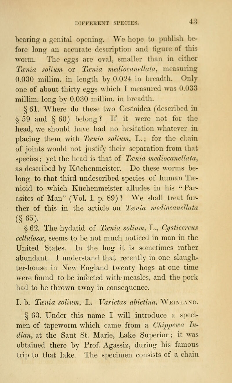 bearing a genital opening. We hope to publish be- fore long an accurate description and figure of this worm. The eggs are oval, smaller than in either Taenia solium or Taenia mediocanellata, measuring 0.030 millim. in length by 0.024 in breadth. Only one of about thirty eggs which I measured was 0.033 millim. long by 0.030 millim. in breadth. § 61. Where do these two Cestoidca (described in § 59 and § 60) belong I If it were not for the head, we should have had no hesitation whatever in placing them with Tcenia solium, L.; for the chain of joints would not justify their separation from that species; yet the head is that of Tcenia mediocanellata, as described by Kiichenmeister. Do these worms be- long to that third undescribed species of human Tse- nioid to which Kiichenmeister alludes in his Par- asites of Man (Vol. I. p. 89) % We shall treat fur- ther of this in the article on Tcenia mediocanellata (§ 65). § 62. The hydatid of Tcenia solium, L., Cysticercus cellulosce, seems to be not much noticed in man in the United States. In the hog it is sometimes rather abundant. I understand that recently in one slaugh- ter-house in New England twenty hogs at one time were found to be infected with measles, and the pork had to be thrown away in consequence. I. b. Tcenia solium, L. Varietas abietina, Weinlaxd. § 63. Under this name I will introduce a speci- men of tapeworm which came from a Chippewa In- dian, at the Saut St. Marie, Lake Superior; it was obtained there by Prof. Agassiz, during his famous trip to that lake. The specimen consists of a chain