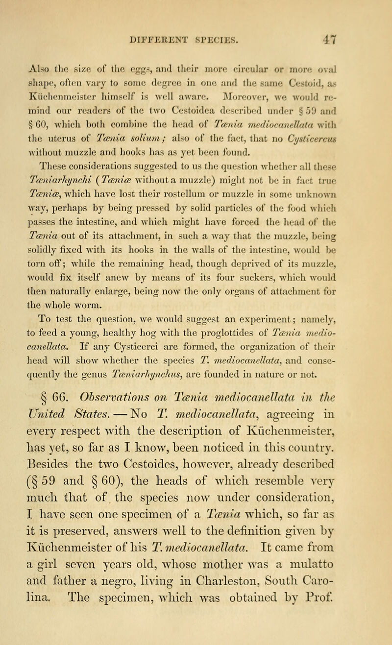 Also the size of the eggs, and their more circular ot more oval shape, often vary to sonic degree in one and the same Cestoid, ae Kiichenmeister himself is well aware. Moreover, we would re- mind our readers of the two Cestoidea described under § 59 and § CO, which both combine the head of Taenia inediocaitillala with the uterus of Tamia solium; also of the fact, that no CysHcercus without muzzle and hooks has as yet been found. These considerations suggested to us the question whether all these Tceniarhynchi (Taeniae without a muzzle) might not be in fact true Taeniae, which have lost their rostellum or muzzle in some unknown Avay, perhaps by being pressed by solid particles of the food which passes the intestine, and which might have forced the head of the Taenia out of its attachment, in such a way that the muzzle, being solidly fixed with its hooks in the walls of the intestine, would be torn off; while the remaining head, though deprived of its muzzle, would fix itself anew by means of its four suckers, which would then naturally enlarge, being now the only organs of attachment for the whole worm. To test the question, we would suggest an experiment; namely, to feed a young, healthy hog with the proglottides of Taenia medio- canellata. If any Cysticerci are formed, the organization of their head will show whether the species T. mediocanellata, and conse- quently the genus Taeniarkynchus, are founded in nature or not. § 66. Observations on Tcenia mediocanellata in the United States. — No T. mediocanellata, asrreeino; in every respect with the description of Kuchenmeister, has yet, so far as I know, been noticed in this country. Besides the two Cestoides, however, already described (§59 and § 60), the heads of which resemble very much that of. the species now under consideration, I have seen one specimen of a Tcenia which, so for as it is preserved, answers well to the definition given by Kiichenmeister of his T. mediocanellata. It came from a girl seven years old, whose mother was a mulatto and father a negro, living in Charleston, South Caro- lina. The specimen, which was obtained by Prof.