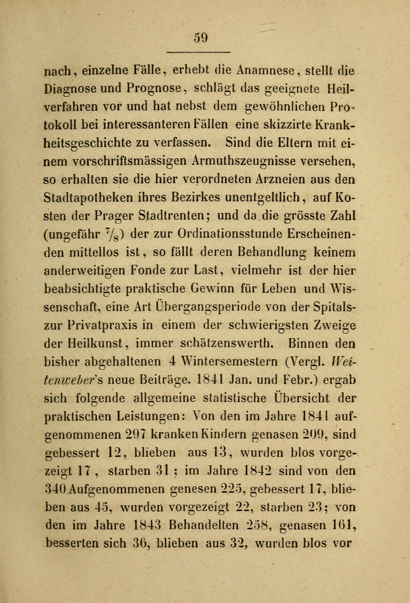 nach, einzelne Fälle, erhebt die Anamnese, stellt die Diagnose und Prognose, schlägt das geeignete Heil- verfahren vor und hat nebst dem gewöhnHchen Pro- tokoll bei interessanteren Fällen eine skizzirte Krank- heitsgeschichte zu verfassen. Sind die Eltern mit ei- nem vorschriftsmässigen Armuthszeugnisse versehen, so erhalten sie die hier verordneten Arzneien aus den Stadtapotheken ihres Bezirkes unentgeltHch, auf Ko- sten der Prager Stadtrenten; und da die grösste Zahl (ungefähr Vs^ ^^^ -^^ Ordinationsstunde Erscheinen- den mittellos ist, so fällt deren Behandlung keinem anderweitigen Fonde zur Last, vielmehr ist der hier beabsichtigte praktische Gewinn für Leben und Wis- senschaft, eine Art Übergangsperiode von der Spitals- zur Privatpraxis in einem der schwierigsten Zweige der Heilkunst, immer schätzenswerth. Binnen den bisher abgehaltenen 4 Wintersemestern (Vergl. JVei- temcebefs neue Beiträge. 1841 Jan. und Febr.) ergab sich folgende allgemeine statistische Übersicht der praktischen Leistungen: Von den im Jahre 1841 auf- genommenen 29T kranken Kindern genasen 209, sind gebessert 12, blieben aus 13, wurden blos vorge- zeigt IT , starben 31 ; im Jahre 1842 sind von den 340 Aufgenommenen genesen 225, gebessert 17, blie- ben aus 45, wurden vorgezeigt 22, starben 23; von den im Jahre 1843 Behandelten 258, genasen 161, besserten sich 36, blieben aus 32, wurden blos vor