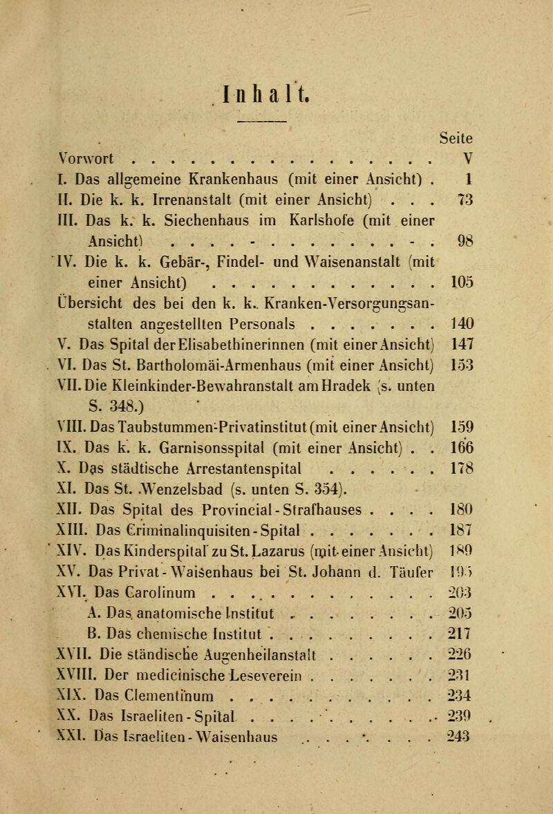 Inhalt. Seite Vorwort V I. Das allgemeine Krankenhaus (mit einer Ansicht) . 1 IL Die k. k. Irrenanstalt (mit einer Ansicht) ... 73 III. Das k. k. Siechenhaus im Karlshofe (mit einer Ansicht) .............. 98 IV. Die k. k. Gebär-, Finde!- und Waisenanstalt (mit einer Ansicht) 105 Übersicht des bei den k. k.. Kranken-Versorgungsan- stalten angestellten Personals ....... 140 V. Das Spital derElisabethinerinnen (mit einer Ansicht) 147 VI. Das St. Bartholomäi-Armenhaus (mit einer Ansicht) 153 VII. Die Kleinkinder-Bewahranstalt amHradek (s. unten S. 348.) VIII. Das Taubstummen-Privatinstitut (mit einer Ansicht) 159 IX. Das k. k. Garnisonsspital (mit einer Ansicht) . . 166 X. Das städtische Arrestantenspital 178 XI. Das St. AVenzelsbad (s. unten S. 354). XII. Das Spital des Provincial-Strafhauses .... 180 XIII. Das Crimtnalinquisiten-Spital 187 XIV. Das Kinderspitaf zu St. Lazarus (ntiit-einer Ansicht) 1!<0 XV. Das Privat-Waisenhaus bei St. Johann d. Täufer 19 > XVI. Das Garolinum 203 A. Das anatomische Institut 205 B. Das chemische Institut ... . . . . . . 217 XVII. Die ständische Augenheilanstalt 226 XVIII. Der medicinische Leseverein .231 XIX. Das Clementinum 234 XX. Das Israeliten-Spital . . . .' -239 XXI. Das Israeliten-Waisenhaus . . . •. ... 243