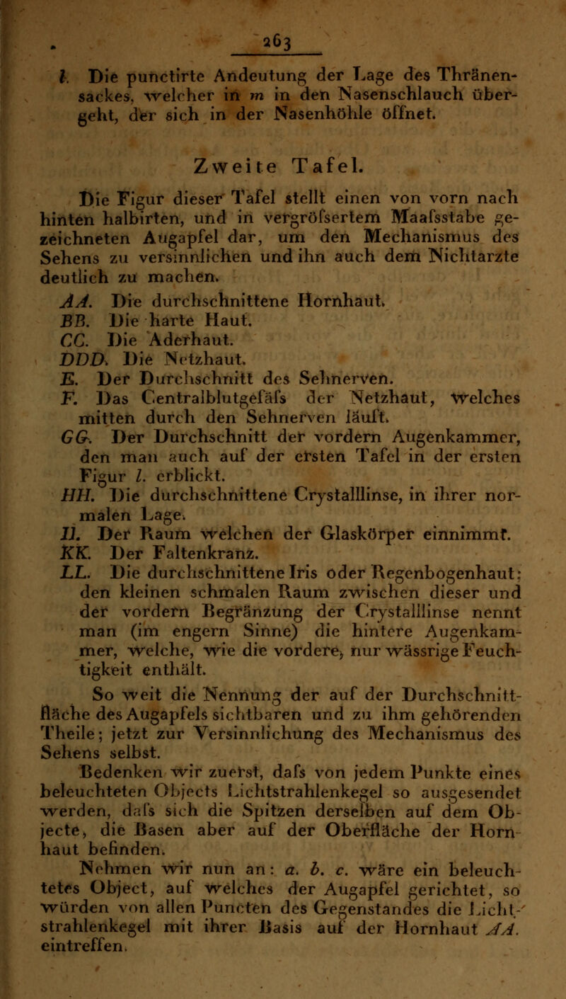 f a63 l. Die putictirtc Andeutung der Lage des Thränen- sackes, -welcher iri m in den Nasenschlauch über- geht, der sich in der Nasenhöhle öffnet. Zweite Tafel. Die Figur dieser Tafel stellt einen von vorn nach hinten halbirten, und in vergröfsertem Maafsstabe j2;e- zeichneten Augapfel dar, um den Mechanismus des Sehens zu versinnlichen und ihn auch dem Nichtarzte deutlich zu machen* AA, Die durchschnittene Hornhaut. BB, Die harte Haut. CG. Die Aderhaut. DDD. Die Netzhaut. E. Der Durchschnitt des Sehnerven. K Das Centralblutgefäfs der Netzhaut, vrelches mitten durch den Sehnerven lauft. G&, Der Durchschnitt der vordem Augenkammer, den man auch auf der efsten Tafel in der ersten Figur Z. erblickt. HH. Die durchschnittene CrystalUinse, in ihrer nor- malen Lage. Jh Det Raum welchen der Glaskörper einnimmt. KK. Der Faltenkranz. LL. Die durchschnittene Iris oder Regenbogenhaut; den kleinen schmalen Raum zv\^ischen dieser und det vordem Begfänzüng der Crystalilinse nennt man (im engern Sinne) die hintere Augenkam- rner, vv^elche, wie die vordere, nur wässrige Feuch- tigkeit enthält. So weit die Nennung der auf der Durchschnitt- tläche des Augapfels sichtbaren und zu ihm gehörenden Theile; jetzt zur Versinnlichung des Mechanismus des Sehens selbst. Bedenken Wir zueilst, dafs von jedem Punkte eines beleuchteten Objects Lichtstrahlenkegel so ausgesendet werden, dafs sich die Spitzen derselben auf dem Ob- jecte, die Basen aber auf der Oberfläche der Hörn haut befinden. Nehmen wir nun an: a, h. c. -wäre ein beleuch- tetes Object, auf welches der Augapfel gerichtet, so würden von allen Puncten des Gegenstandes die j.icht/ Strahlenkegel mit ihrer Basis auf der Hornhaut JA. eintreffen.