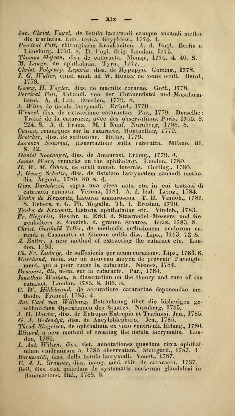 Jac. Christ Vogel, de fistula lacrymali eainque sanandi metho dis tractatus. Edit. tertia. Gryphisw.^ 1770. 4. Percival Pott, chirurgische Krankheiten. A. d. Engl. Berlin u. Lüneburg, 1770. 8. D. Engl. Orig. London, 1775. Thomas Mejean, diss. de Cataracta. Monsp., 1770. 4. 40. S. M. Lange, de Ophthalmia. Tyrn., 1777. Christ Polycarp. Leporin. diss. de Hypopyo. Gotting., 1778. 3. G. Walter, epist. anat. ad W. Hunter de venis ocuii. Berol.. 1778. Georg, H. Vogler, diss. de maculis corneae. Gott., 1778. Percival Pott, Abhandl. von der Thränenfistel und Mastdarm- fistel. A. d. Lat. Dresden, 1779. 8. J. Witte, de fistula lacrymali. Erford., 1779. Wenzel, diss. de extractione cataractae. Par., 1779. Derselbe: Traite de la cataracte, avec des observations. Paris, 1786. 8. 224. S. A. d. Franz. M. 1 Kupf. Nürnberg, 1788. 8. Cusson, remarques sur la cataracte. Montpellier, 1779. Bretcher, diss. de suffusione. Halae, 1779. Lorenzo Nannoni, dissertazione suila cateratta. Milano. 61. S. 12. Daniel Nootnagel, diss. de Amaurosi. Erlang., 1779. 4. James Ware, remarks on the ophthalmy. London, 1780. H. W. M. Olbers, de oculi mutat. internis. Gotting., 1780. J. Georg Schulze, diss. de fistulam lacrymalem sanandi nietho- dis. Ärgent., 1780. 80 S. 4. Giov. Bortolazzi, sopra una cieca nata etc. in cui trattasi di cateratta connata. Verona, 1781. A. d. Ital. Leipz., 1784. Trnka de Krzowitz, historia amauroseos. T. II. Vindob., 1781. 8. Uebers. v. G. Ph. Mogalla. Th. I. Breslau, 1790. Trnka de Krzowitz, historia ophthalmiae etc. Vindob., 1783. Fr. Siegerist, Beschr. u. Erkl. d. Staarnadel-Messers und Ge- genhalters z. Auszieh. d. grauen Staares. Graz, 1783. 8. Christ. Gotthold Teller, de methodis suffusionem oculorum cu- randi a Casamatta et Simone cultis diss. Lips., 1783. 72 S. A. Butter, a new method of extracting the cataract etc. Lon- don, 1783. Ch. Fr. Ludwig, de suffusionis per acum curatione. Lips., 1783.8, Marchand, mem. sur un nouveau moyen de prerenir Paveugle- ment, qui a pour cause la cataracte. Nismes, 1784. Demours, fils, mem. sur la cataracte. Par., 1784. Jonathan Wathen, a dissertation on the theory and eure of the cataract. London, 1785. 8. 166. S. C. W. Hildehrand, de aecuratiore cataractae deponendae me- thodo. Francof. 1785. 4. r Ant, Carl von Willburg, Betrachtung über die bisherigen ge- wöhnlichen Operationen des Staares. Nürnberg, 1785. J. H. Härder, diss. de Ectropio Entropio et Trichiasi. Jen., 1785. G. J. Badendyk, diss. de Ancylobiepharo. Jen., 1785. Theod. Singeisen, de Ophthalmia ex vitio rentriculi. Erlang., 1786. Blizard, a new method of treating the fistula lacrymalis. Lon- don, 1786. J. Ant Wilseri, diss. sist. annotationes quasdam circa ophthal- miam epidemicam a. 1786 observatam. Stuttgard., 17S7. 4, Barussaldi, diss. della fistula lacrymali. Venet., 1787. E. A. L. Brunner, diss. inaug. med. chir. de Cataracta. 1787. Beil, diss. sist. quaedam de systematis ocuV'rum glandulosi in- flainmatione. Hai., 1788. 8.