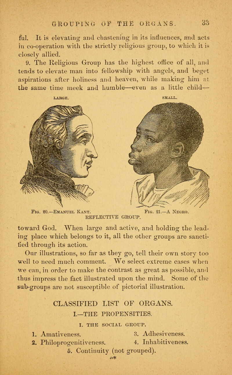 ful. It is elevating and chastening in its influences, and acts in co-operation with the strictly religious group, to which it is closely allied. 9. The Religious Group has the highest office of all, and tends to elevate man into fellowship with angels, and beget aspirations after holiness and heaven, while making him at the same time meek and humble—even as a little child— SMALL. VHKN\\~^~^\^ Fig. 20.—Emanuel Kant. Fig. 21.—a Negko. REFLECTIVE GROUP. toward God. When large and active, and holding the lead- ing place which belongs to it, all the other groups are sancti- fied throug^h its action. Our illustrations, so far as they go, tell their own story too well to need much comment. We select extreme cases when we can, in order to make the contrast as great as possible, an<l thus impress the fact illustrated upon the mind. Some of tlie sub-groups are not susceptible of pictorial illustration. CLASSIFIED LIST OF ORGANS. L—THE PROPENSITIES. I. THE SOCIAL GROUP. 1. Amativeness. 3. Adhesiveness. 2. Philoprogenitiveness. 4. Inhabitiveness. 6. Continuity (not grouped).