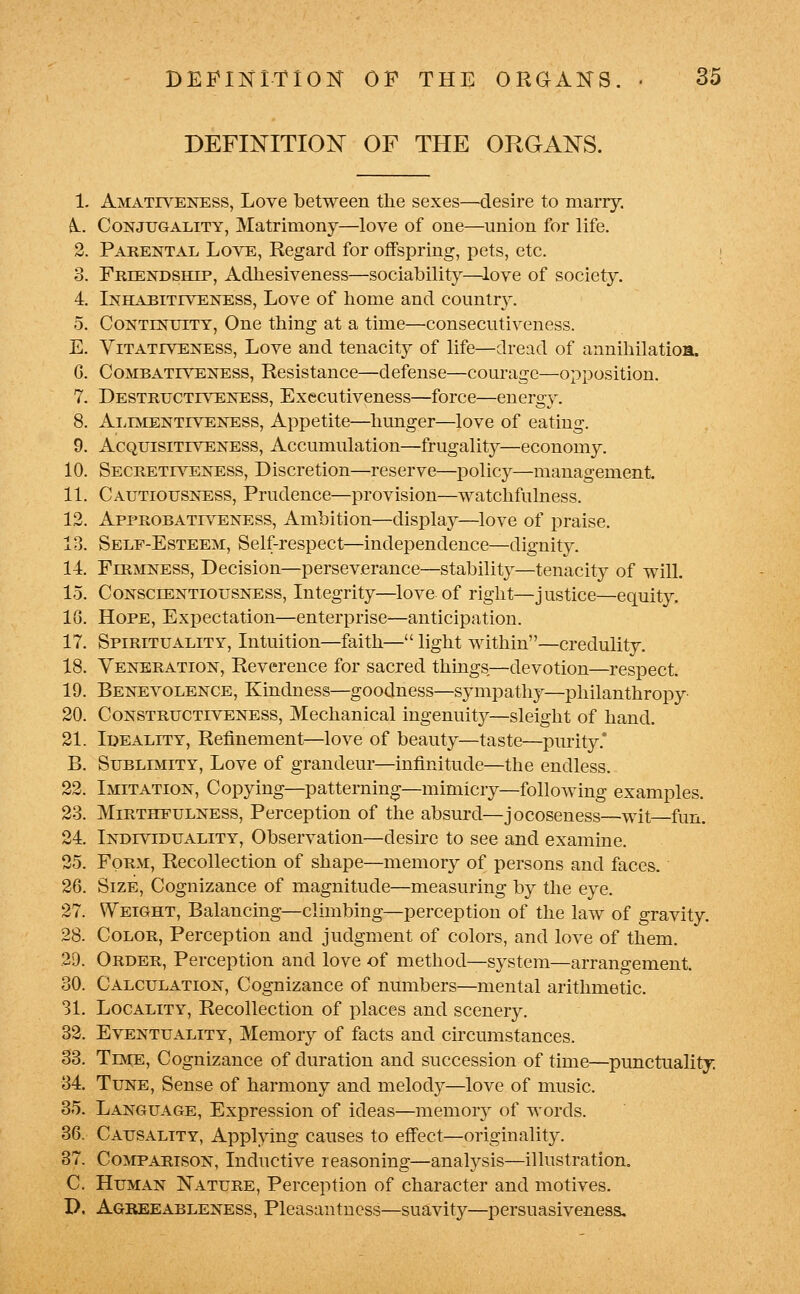 DEFINITION OF THE ORGANS. 1. Amativei^ss, Love between the sexes—desire to marry. A.. Conjugality, Matrimony—love of one—union for life. 2. Parental Love, Regard for offspring, pets, etc. ! 3. FRrENDsmp, Adhesiveness—sociability—love of society. 4. Inhabitiveness, Love of home and country. 5. CoNTiNTJiTY, One thing at a time—consecutiveness. E. ViTATiVENESS, Love and tenacity of life—dread of annihilatioa. G. CoMBATiVENESS, Resistance—defense—courage—opposition. 7. Destructiveness, Executiveness—force—energy. 8. AiiEViENTivENESS, Appetite—hunger—love of eating. 9. Acquisitiveness, Accumulation—frugality—economy. 10. SECRETrvTSNESS, Discretion—reserve—policy—management. 11. Cautiousn'ESS, Prudence—provision—watchfulness. 12. Approbativeness, Ambition—display—love of praise. 13. Self-Esteem, Self-respect—independence—dignity. 14. Firmness, Decision—perseverance—stability—tenacity of will. 15. Conscientiousness, Integrity—love of right—justice—equity. 10. Hope, Expectation—enterprise—anticipation. 17. Spirituality, Intuition—faith— light within—credulity. 18. Veneration, Reverence for sacred things—devotion—respect. 19. Benevolence, Kindness—goodness—sympathy—philanthropy 20. CoNSTRUCTiVENESS, Mechanical ingenuity—sleight of hand. 21. Ideality, Refinement—love of beauty—taste—purity.* B. Sublimity, Love of grandeur—infinitude—the endless. 22. Imitation, Copying—patterning;—mimicry—following examples. 23. Mirthfulness, Perception of the absm-d—jocoseness—wit—fun. 24. Individuality, Observation—desire to see and examine. 25. Form, Recollection of shape—memory of persons and faces. 26. Size, Cognizance of magnitude—measuring by the eye. 27. Weight, Balancing—climbing—perception of the law of gravity. 28. Color, Perception and judgment of colors, and love of them. 29. Order, Perception and love of method—system—arrangement. 30. Calculation, Cognizance of numbers—mental arithmetic. 31. Locality, Recollection of places and scenery. 32. Eventuality, Memory of facts and circumstances. 33. Time, Cognizance of duration and succession of time—punctuality. 34. Tune, Sense of harmony and melody—love of music. 35. Language, Expression of ideas—memory of words. 36. Causality, Applying causes to effect—originality. 87. Comparison, Inductive reasoning—analysis—illustration. C. Human Nature, Perception of character and motives. T>. Agreeableness, Pleasantness—suavity—persuasiveness.