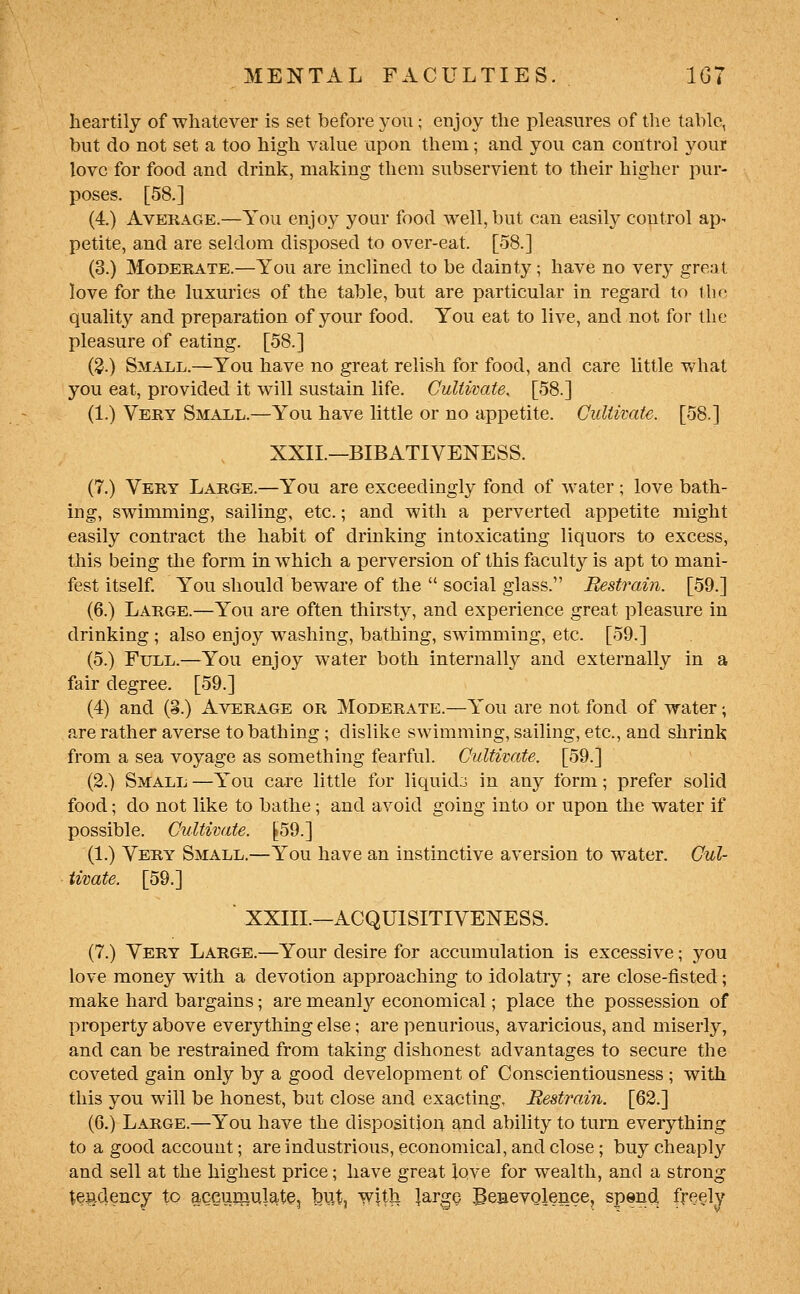 heartily of whatever is set before yoii; enjoy the pleasures of the table, but do not set a too high value upon them; and you can control your love for food and drink, making them subservient to their higher pur- poses. [58.] (4.) Average.—You enjoy your food well, but can easily control ap- petite, and are seldom disposed to over-eat. [58.] (3.) Moderate.—You are inclined to be dainty; have no very great love for the luxuries of the table, but are particular in regard to the quality and preparation of your food. You eat to live, and not for the pleasure of eating. [58.] (S.) Small.—You have no great relish for food, and care little what you eat, provided it will sustain life. Cultwate. [58.] (1.) Very Small.—You have little or no appetite. Cultivate. [58.] XXII.—BIBATIVENESS. (7.) Very Large.—You are exceedingly fond of water; love bath- ing, swimming, sailing, etc.; and with a perverted appetite might easily contract the habit of drinking intoxicating liquors to excess, this being the form in which a perversion of this faculty is apt to mani- fest itself You should beware of the  social glass. Restrain. [59.] (6.) Large.—You are often thirsty, and experience great pleasure in drinking ; also enjoy washing, bathing, swimming, etc. [59.] (5.) Full.—You enjoy water both internally and externally in a fair degree. [59.] (4) and (§.) Average or Moderate.—You are not fond of water; are rather averse to bathing; dislike swimming, sailing, etc., and shrink from a sea voyage as something fearful. Cultixate, [59.] (2.) Small —You care little for liquids in any form; prefer solid food; do not like to bathe; and avoid going into or upon the water if possible. Cnltmite. ^59.] (1.) Very Small.—You have an instinctive aversion to water. Oul- tivate. [59.] XXIII.—ACQUISITIVENESS. (7.) Very Large.—Your desire for accumulation is excessive; you love money with a devotion approaching to idolatry; are close-fisted; make hard bargains; are meanl}'' economical; place the possession of property above everything else; are penurious, avaricious, and miserly, and can be restrained from taking dishonest advantages to secure the coveted gain only by a good development of Conscientiousness ; with this you will be honest, but close and exacting, Hestrain. [62.] (6.) Large.—You have the dispositiou and ability to turn everything to a good account; are industrious, economical, and close; buy cheaply and sell at the highest price; have great love for wealth, and a strong tendency to accumulate, but, witli largQ BeBevolence, spend, freely