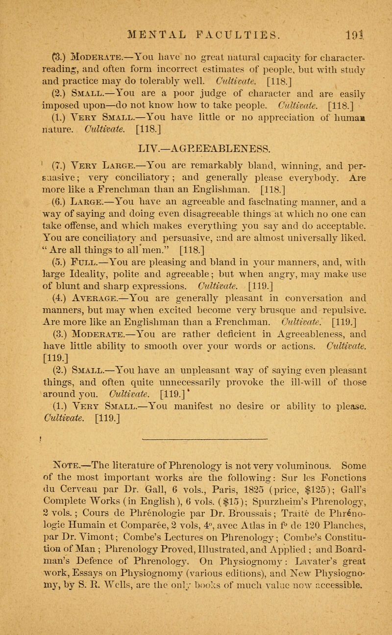 (3.) Moderate.—You liave no great natural capacity for character- reading, and often form incorrect estimates of people, but with study and practice may do tolerably well. Cultivate. [118.] (2.) Small.—You are a poor judge of character and are easily imposed upon—do not know how to take people. CiUtivaie. [118.] (1.) Very Small.—You have little or no appreciation of humaa nature. Cultivate. [118.] LIV.—AGEEEABLENESS. ' (7.) Very Large.—You are remarkably bland, winning, and per- BLiasive; very conciliator}'^; and generally please everybod}^ Are more like a Frenchman than an Englishman. [118.] (6.) Large.—You have an agreeable and fascinating manner, and a way of saying and doing even disagreeable things at which no one can take offense, and which makes everj'^thing you say and do acceptable. You are conciUatory and persuasive, and are almost universally liked.  Are all things to all'men. [118.] (5.) Full.—You are pleasing and bland in your manners, and, with large Ideality, polite and agreeable; but when angry, may make use of blunt and sharp expressions. Cultivate. [119.] (4.) Average.—You are generally pleasant in conversation and manners, but may when excited become very brusque and repulsive. Are more like an Englishman than a Frenchman. Cultivate. [119.] (3.) Moderate.—You are rather deficient in Agreeableness, and have little ability to smooth over your words or actions. Cultivate. [119.] (2.) Small.—You have an unpleasant way of saying even pleasant things, and often quite unnecessarily provoke the ill-will of those around you. Cultivate. [119.]' (1.) Very Small.—You manifest no desire or ability to please. Cultivate. [119.] KoTE.—The literature of Phrenology is not very voluminous. Some of the most important works are the following: Sur les Fonctions du Cerveau par Dr. Gall, 6 vols., Paris, 1825 (price, $125); Gall's Complete Works (in English), 6 vols. ($15); Spurzheim's Phrenology, 2 vols.; Cours de Phrenologie par Dr. Broussais; Traitc de Phreno- logie Humain et Comparee, 2 vols, 4°, avec Atlas in f« de 120 Planches, par Dr. Yimont; Combe's Lectures on Phrenology; Combe's Constitu- tion of Man ; Phrenology Proved, Illustrated, and Applied ; and Board- man's Defence of Phrenolog}^. On Physiognomy: Lavater's great work. Essays on Physiognomy (various editions), and New Physiogno- my, by S. R. Wells, are the only books of much value now accessible.