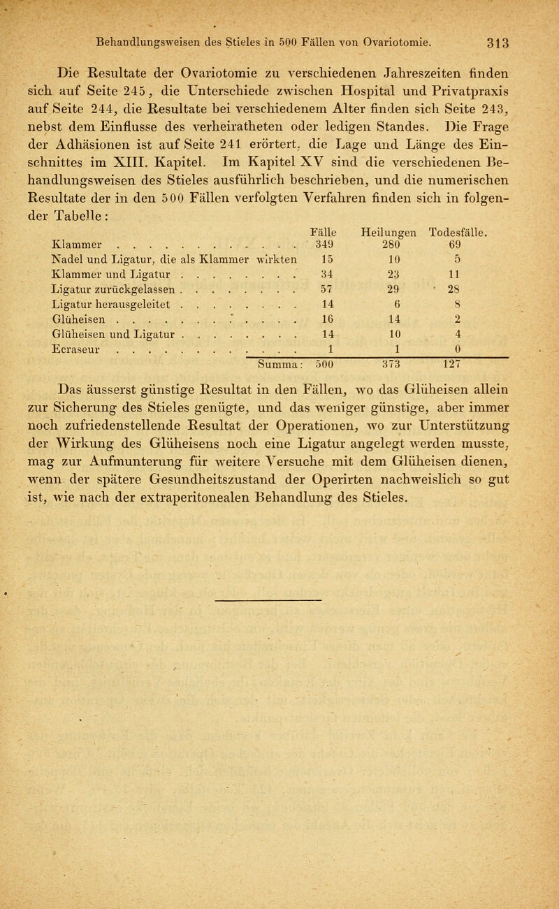 Die Resultate der Ovariotomie zu verschiedenen Jahreszeiten finden sich auf Seite 245, die Unterschiede zwischen Hospital und Privatpraxis auf Seite 244, die Resultate bei verschiedenem Alter finden sich Seite 243, nebst dem Einflüsse des verheiratheten oder ledigen Standes. Die Frage der Adhäsionen ist auf Seite 241 erörtert, die Lage und Länge des Ein- schnittes im XIII. Kapitel. Im Kapitel XV sind die verschiedenen Be- handlungsweisen des Stieles ausführlich beschrieben, und die numerischen Resultate der in den 5 00 Fällen verfolgten Verfahren finden sich in folgen- der Tabelle: Fälle Heilungen Todesfälle. Klammer 349 280 69 Nadel und Ligatur, die als Klammer wirkten 15 10 5 Klammer und Ligatur 34 23 11 Ligatur zurückgelassen 57 29 28 Ligatur herausgeleitet 14 6 8 Glüheisen ..... 16 14 2 Glüheisen und Ligatur 14 10 4 Ecraseur 1 1 0 Summa: 5ÖÖ 373 127 Das äusserst günstige Resultat in den Fällen, wo das Glüheisen allein zur Sicherung des Stieles genügte, und das weniger günstige, aber immer noch zufriedenstellende Resultat der Operationen, wo zur Unterstützung der Wirkung des Glüheisens noch eine Ligatur angelegt werden musste, mag zur Aufmunterung für weitere Versuche mit dem Glüheisen dienen, wenn der spätere Gesundheitszustand der Operirten nachweislich so gut ist, wie nach der extraperitonealen Behandlung des Stieles.