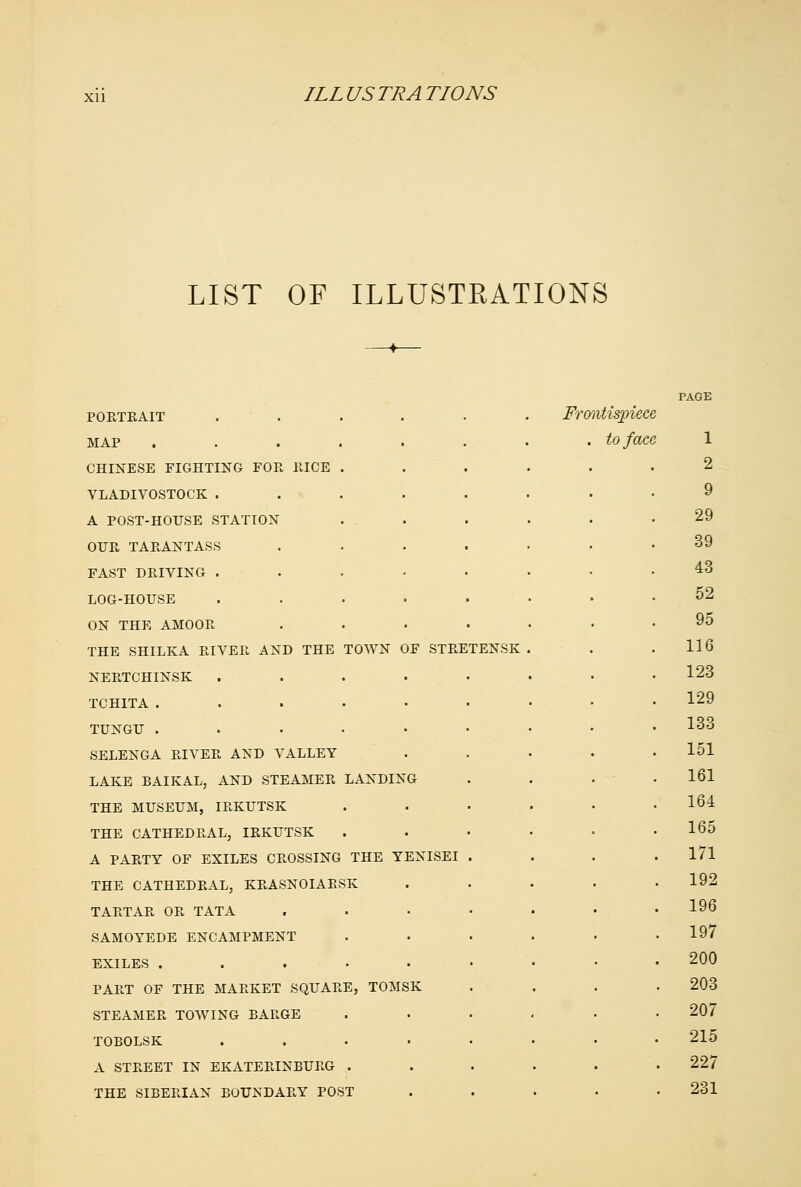 ILL US TRA TIONS LIST OF ILLUSTKATIONS TOWN OF STRETENSK POETRAIT MAP CHINESE FIGHTING FOE, PJCE VLADIVOSTOCK . A POST-HOUSE STATION OUE. TAEANTASS FAST DRIVING . LOG-HOUSE ON THE AMOOR THE SHILKA RIVER AND THE NERTCHINSK TCHITA . TUNGU . SELENGA RIVER AND VALLEY LAKE BAIKAL, AND STEAMER LANDING THE MUSEUM, IRKUTSK THE CATHEDRAL, IRKUTSK A PARTY OF EXILES CROSSING THE YENISEI THE CATHEDRAL, KRASNOIARSK TARTAR OR TATA SAMOYEDE ENCAMPMENT EXILES .... PART OF THE MARKET SQUARE, TOMSK STEAMER TOWING BARGE TOBOLSK A STREET IN EKATERINBURG . THE SIBERIAN BOUNDARY POST Frontis^piece to face PAGE 1 2 9 29 39 43 52 95 116 123 129 133 151 161 164 165 171 192 196 197 200 203 207 215 227 231