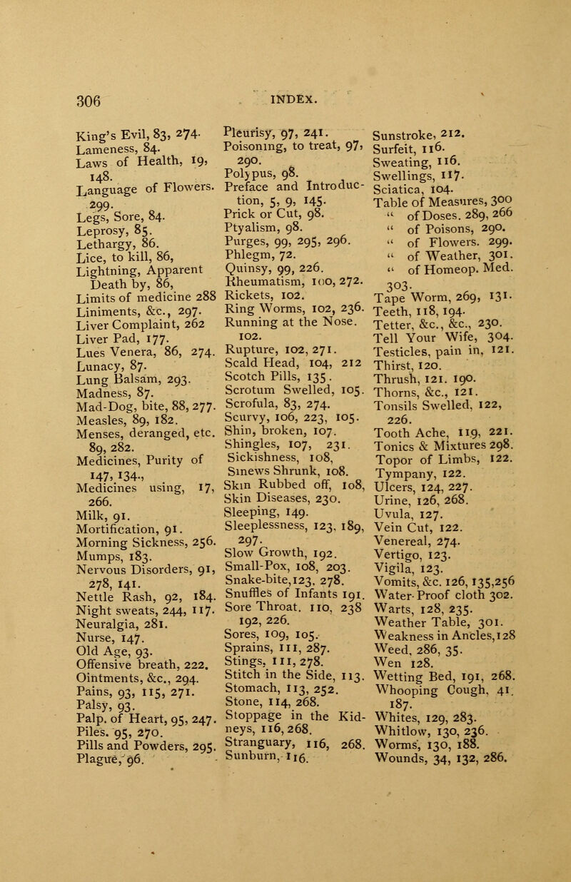 King's Evil, 83, 274. Lameness, 84. Laws of Health, 19, 148. Language of Flowers. 299. Legs, Sore, 84. Leprosy, 85. Lethargy, 86. Lice, to kill, 86, Lightning, Apparent Death by, 86, Limits of medicine 288 Liniments, &c, 297. Liver Complaint, 262 Liver Pad, 177. Lues Venera, 86, 274. Lunacy, 87. Lung Balsam, 293. Madness, 87. Mad-Dog, bite, 88, 277. Measles, 89, 182. Menses, deranged, etc. 89, 282. Medicines, Purity of 147, I34-, Medicines using, 17? 266. Milk, 91. Mortification, 91. Morning Sickness, 256. Mumps, 183. Nervous Disorders, 91, 278, 141. Nettle Rash, 92, 184. Night sweats, 244, 117. Neuralgia, 281. Nurse, 147. Old Age, 93. Offensive breath, 222. Ointments, &c., 294. Pains, 93, 115, 271. Palsy, 93. Palp, of Heart, 95, 247. Piles. 95, 270. Pills and Powders, 295. Plague,^. Pleurisy, 97, 241. Poisoning, to treat, 97, 290. Polypus, 98. Preface and Introduc- tion, 5, 9, 145- Prick or Cut, 98. Ptyalism, 98. Purges, 99, 295, 296. Phlegm, 72. Quinsy, 99, 226. Kheumatism, 100, 272. Rickets, 102. Ring Worms, 102, 236. Running at the Nose. 102. Rupture, 102, 271. Scald Plead, 104, 212 Scotch Pills, 135. Scrotum Swelled, 105. Scrofula, 83, 274. Scurvy, 106, 223, 105. Shin, broken, 107. Shingles, 107, 231. Sickishness, 108, Sinews Shrunk, 108. Skin Rubbed off, 108, Skin Diseases, 230. Sleeping, 149. Sleeplessness, 123. 189, 297. Slow Growth, 192. Small-Pox, 108, 203. Snake-bite, 123, 278. Snuffles of Infants 191. Sore Throat, no, 238 192, 226. Sores, 109, 105. Sprains, ill, 287. Stings, 111,278. Stitch in the Side, 113. Stomach, 113, 252. Stone, 114, 268. Stoppage in the Kid- neys, 116, 268. Stranguary, 116, 268. Sunburn, 116 Sunstroke, 212. Surfeit, 116. Sweating, 116. Swellings, 117- Sciatica, 104. Table of Measures, 3°° lt of Doses. 289, 266 of Poisons, 290. » of Flowers. 299. of Weather, 301 • of Homeop. Med. 303- Tape Worm, 269, 131. Teeth, 118,194. Tetter, &c, &c, 230. Tell Your Wife, 3°4- Testicles, pain in, 121. Thirst, 120. Thrush, 121. 190. Thorns, &c, 121. Tonsils Swelled, 122, 226. Tooth Ache, 11.9, 221. Tonics & Mixtures 298. Topor of Limbs, 122. Tympany, 122. Ulcers, 124, 227. Urine, 126, 268. Uvula, 127. Vein Cut, 122. Venereal, 274. Vertigo, 123. Vigila, 123. Vomits, &c 126,135,256 Water-Proof cloth 302. Warts, 128, 235. Weather Table, 301. Weakness in Ancles, 128 Weed, 286, 35. Wen 128. Wetting Bed, 191, 268. Whooping Cough, 41. 187. Whites, 129, 283. Whitlow, 130, 236. Worms, 130, 188. Wounds, 34, 132, 286.
