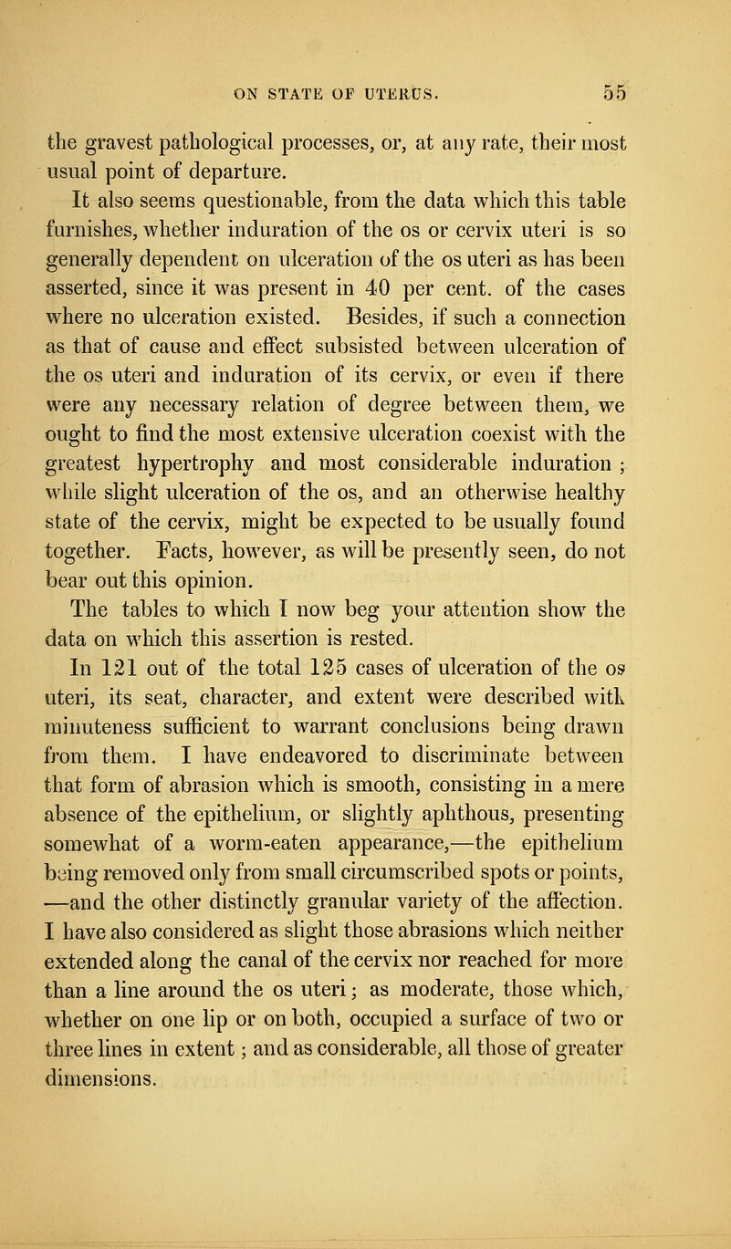 the gravest pathological processes, or, at any rate, their most usual point of departure. It also seems questionable, from the data which this table furnishes, whether induration of the os or cervix uteri is so generally dependent on ulceration of the os uteri as has been asserted, since it was present in 40 per cent, of the cases where no ulceration existed. Besides, if such a connection as that of cause and effect subsisted between ulceration of the os uteri and induration of its cervix, or even if there were any necessary relation of degree between them, we ought to find the most extensive ulceration coexist with the greatest hypertrophy and most considerable induration ; while slight ulceration of the os, and an otherwise healthy state of the cervix, might be expected to be usually found together. Facts, however, as will be presently seen, do not bear out this opinion. The tables to which I now beg your attention show the data on which this assertion is rested. In 121 out of the total 125 cases of ulceration of the os> uteri, its seat, character, and extent were described witL. minuteness sufficient to warrant conclusions being drawn from them. I have endeavored to discriminate between that form of abrasion which is smooth, consisting in a mere absence of the epithelium, or slightly aphthous, presenting somewhat of a worm-eaten appearance,—the epithelium being removed only from small circumscribed spots or points, —and the other distinctly granular variety of the affection. I have also considered as slight those abrasions which neither extended along the canal of the cervix nor reached for more than a line around the os uteri; as moderate, those which, whether on one lip or on both, occupied a surface of two or three lines in extent; and as considerable, all those of greater dimensions.