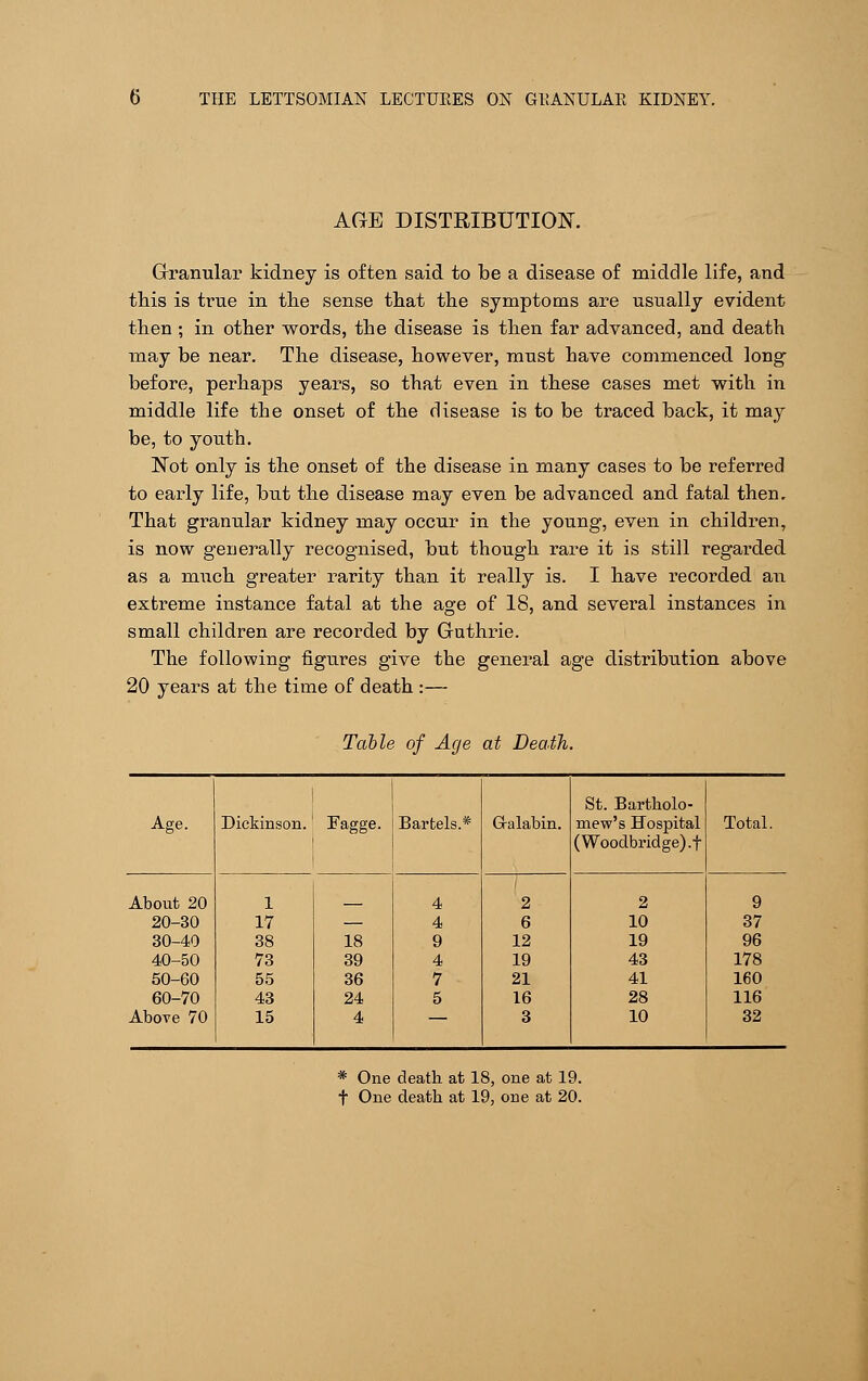 AGE DISTRIBUTION. Granular kidney is often said to be a disease of middle life, and this is true in the sense that the symptoms are usually evident then ; in other words, the disease is then far advanced, and death may be near. The disease, however, must have commenced long- before, perhaps years, so that even in these cases met with in middle life the onset of the disease is to be traced back, it may be, to youth. Not only is the onset of the disease in many cases to be referred to early life, but the disease may even be advanced and fatal then. That granular kidney may occur in the young, even in children, is now generally recognised, but though rare it is still regarded as a much greater rarity than it really is. I have recorded an extreme instance fatal at the age of 18, and several instances in small children are recorded by Guthrie. The following figures give the general age distribution above 20 years at the time of death :— Table of Age at Death. Age. Dickinson, i Fagge. i Bartels.* G-alabin. St. Bartholo- mew's Hospital (Woodbridge).f Total. About 20 20-30 30-40 40-50 50-60 60-70 Above 70 1 17 38 73 55 43 15 18 39 36 24 4 4 4 9 4 7 5 2 6 12 19 21 16 3 2 10 19 43 41 28 10 9 37 96 178 160 116 32 * One death at 18, one at 19. f One death at 19, one at 20.