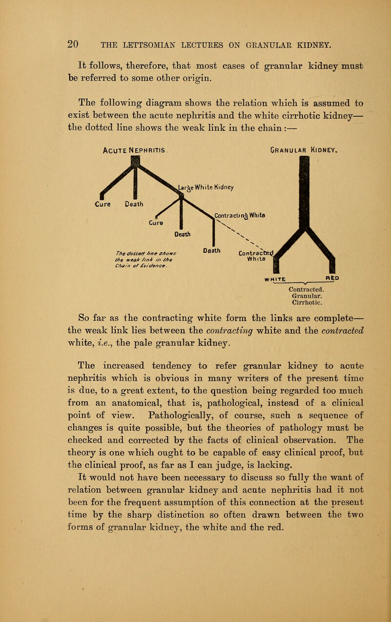 It follows, therefore, that most cases of granular kidney must be referred to some other origin. The following diagram shows the relation which is assumed to exist between the acute nephritis and the white cirrhotic kidney— the dotted line shows the weak link in the chain:— Acute Nephritis. Granular Kidney. £e White Kidney Contracting White The tfouad //nesAoirs Oaath Contracted (Ae wes/r /mJr /n Me White Cte/n of £v/dence. So far as the contracting white form the links are complete— the weak link lies between the contracting white and the contracted white, i.e., the pale granular kidney. The increased tendency to refer granular kidney to acute nephritis which is obvious in many writers of the present time is due, to a great extent, to the question being regarded too much from an anatomical, that is, pathological, instead of a clinical point of view. Pathologically, of course, such a sequence of changes is quite possible, but the theories of pathology must be checked and corrected by the facts of clinical observation. The theory is one which ought to be capable of easy clinical proof, but the clinical proof, as far as I can judge, is lacking. It would not have been necessary to discuss so fully the want of relation between granular kidney and acute nephritis had it not been for the frequent assumption of this connection at the present time by the sharp distinction so often drawn between the two forms of granular kidney, the white and the red.