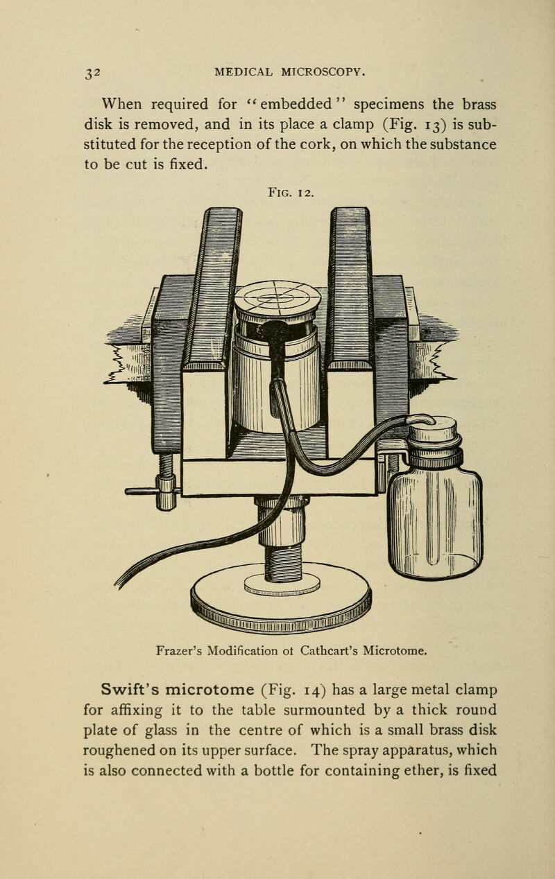 When required for embedded specimens the brass disk is removed, and in its place a clamp (Fig. 13) is sub- stituted for the reception of the cork, on which the substance to be cut is fixed. Fig Frazer's Modification ot Cathcart's Microtome. Swift's microtome (Fig. 14) has a large metal clamp for affixing it to the table surmounted by a thick round plate of glass in the centre of which is a small brass disk roughened on its upper surface. The spray apparatus, which is also connected with a bottle for containing ether, is fixed