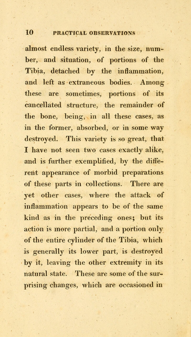 almost endless variety, in the size, num- ber, and situation, of portions of the Tibia, detached by the inflammation, and left as extraneous bodies. Among these are sometimes, portions of its cancellated structure, the remainder of the bone, being, in all these cases, as in the former, absorbed, or in some way destroyed. This variety is so great, that I have not seen two cases exactly alike, and is further exemplified, by the diiFe- rent appearance of morbid preparations of these parts in collections. There are yet other cases, where the attack of inflammation appears to be of the same kind as in the preceding ones; but its action is more partial, and a portion only of the entire cylinder of the Tibia, which is generall}^ its lower part, is destroyed by it, leaving the other extremity in its natural state. These are some of the sur- prising changes, which are occasioned in