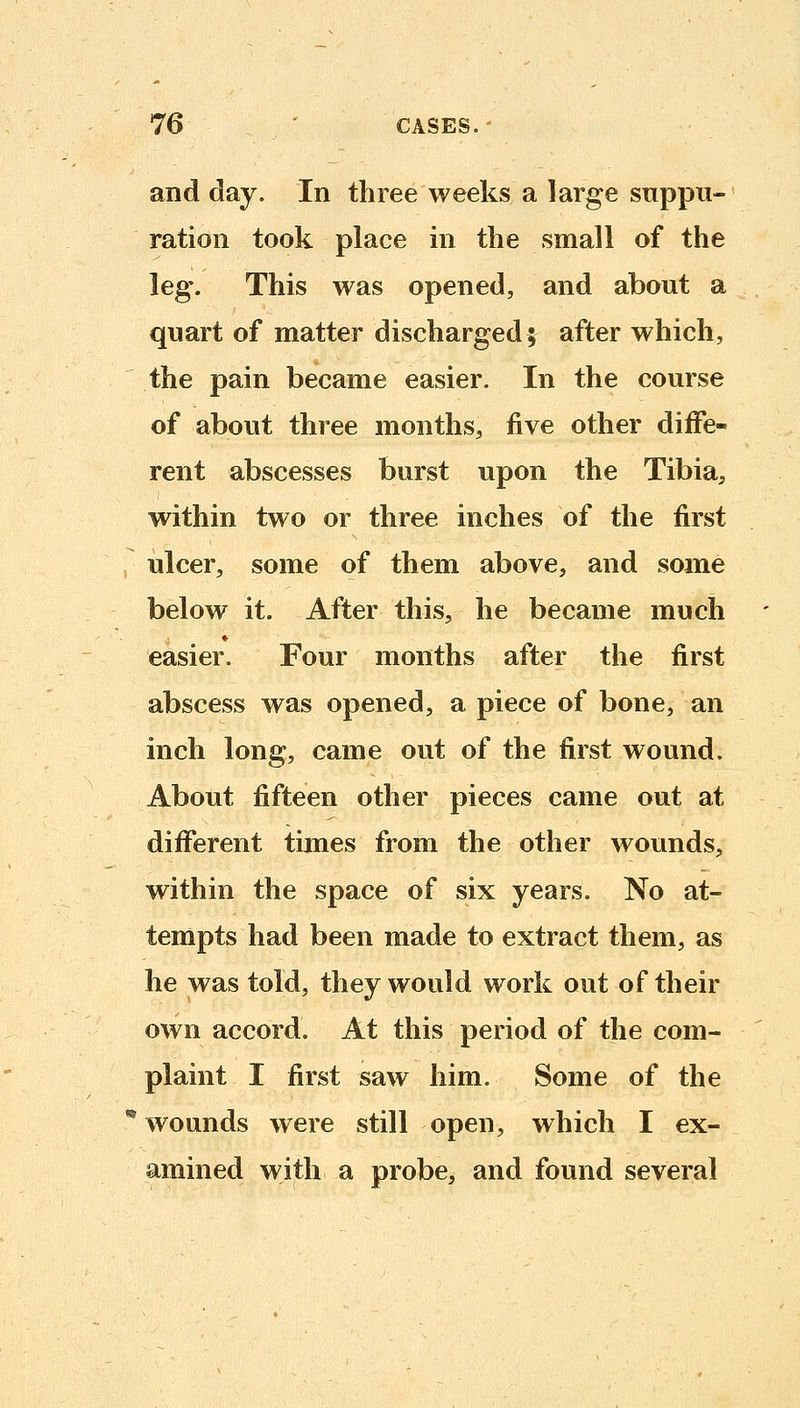 and day. In three weeks a large suppu- ration took place in the small of the leg'. This was opened, and about a quart of matter discharged; after which, the pain became easier. In the course of about three months, five other diffe- rent abscesses burst upon the Tibia, within two or three inches of the first ulcer, some of them above, and some below it. After this, he became much easier. Four months after the first abscess was opened, a piece of bone, an inch long, came out of the first wound. About fifteen other pieces came out at diflferent times from the other wounds, within the space of six years. No at- tempts had been made to extract them, as he was told, they would work out of their own accord. At this period of the com- plaint I first saw him. Some of the wounds were still open, which I ex- amined with a probe, and found several