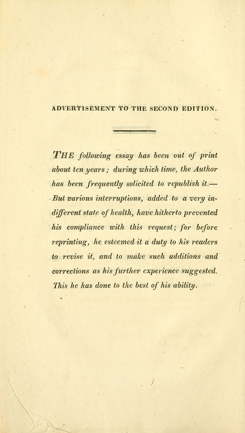 I^HE following essai/ has been out of print about ten years ; during which time, the Author has been frequently solicited to republish it.— But various interruptions, added to a very in- different state of healthy have hitherto prevented his compliance with this request; for before reprinting, he esteemed it a duty to his readers to revise it, and to make such additions and corrections as his further experience suggested. This he has done to the best of his ability.