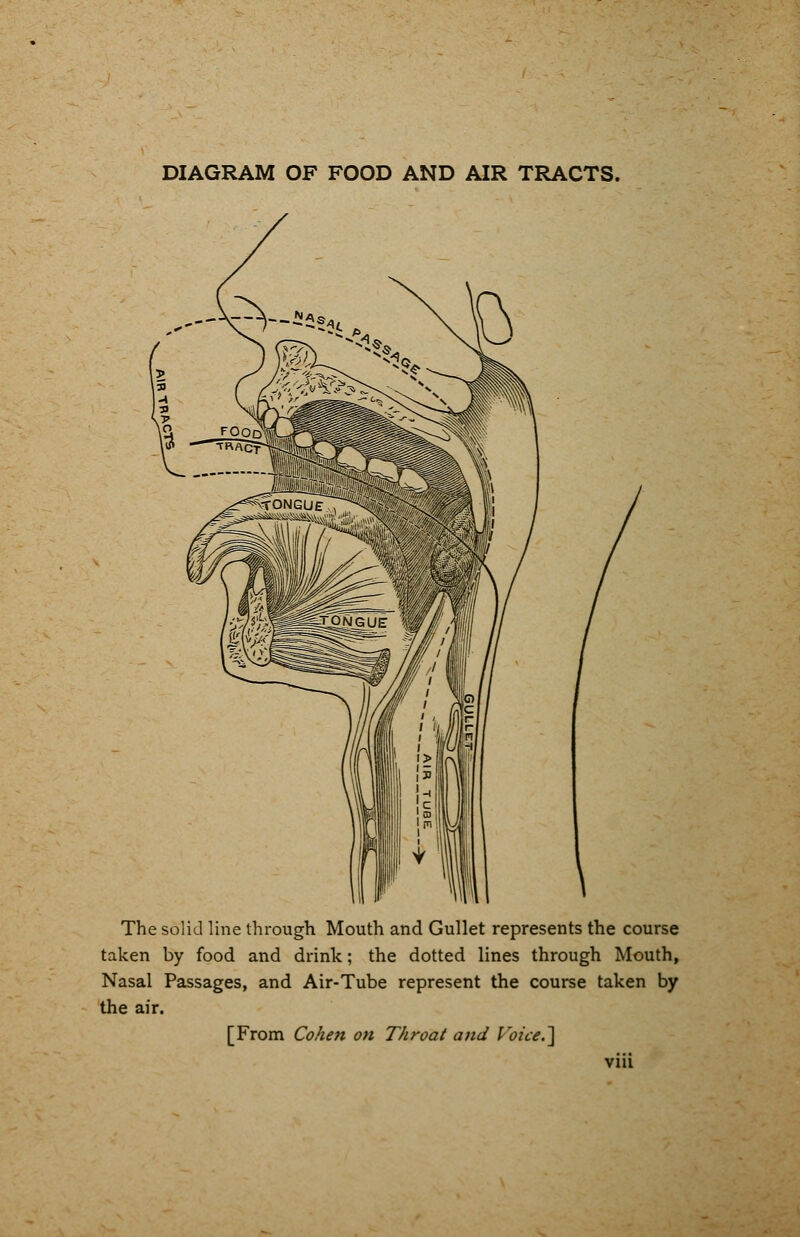 DIAGRAM OF FOOD AND AIR TRACTS. \ The solid line through Mouth and Gullet represents the course taken by food and drink; the dotted lines through Mouth, Nasal Passages, and Air-Tube represent the course taken by the air. [From Cohen on Throat and Voice.']