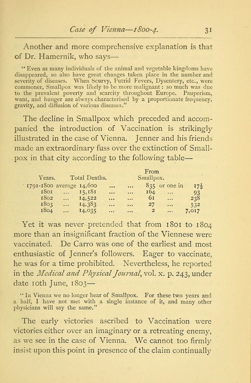 Another and more comprehensive explanation is that of Dr. Hamernik, who says—  Even as many individuals of the animal and vegetable kingdoms have disappeared, so also have great changes taken place in the number and severity of diseases. When Scurvy, Putrid Fevers, Dysentery, etc., were commoner, Smallpox was likely to be more malignant: so much was due to the prevalent poverty and scarcity throughout Europe. Pauperism, want, and hunger are always characterised by a proportionate frequency, gravity, and diffusion of various diseases. The decline in Smallpox which preceded and accom- panied the introduction of Vaccination is strikingly illustrated in the case of Vienna. Jenner and his friends made an extraordinary fuss over the extinction of Small- pox in that city according to the following table— Years. Total Deaths. From Smallpox. 1791-1800 average 14,600 1801 ... 15,181 1802 ... 14,522 1803 ... 14,383 1804 ... 14,035 835 or one in 17J 164 ... 93 61 ... 238 27 ... 532 2 ... 7,017 Yet it was never pretended that from 1801 to 1804 more than an insignificant fraction of the Viennese were vaccinated. De Carro was one of the earliest and most enthusiastic of Jenner's followers. Eager to vaccinate, he was for a time prohibited. Nevertheless, he reported in the Medical and Physical Journal, vol. x. p. 243, under date 10th June, 1803—  In Vienna we no longer hear of Smallpox. For these two years and a half, I have not met with a single instance of it, and many other physicians will say the same. The early victories ascribed to Vaccination were victories either over an imaginary or a retreating enemy, as we see in the case of Vienna. We cannot too firmly insist upon this point in presence of the claim continually