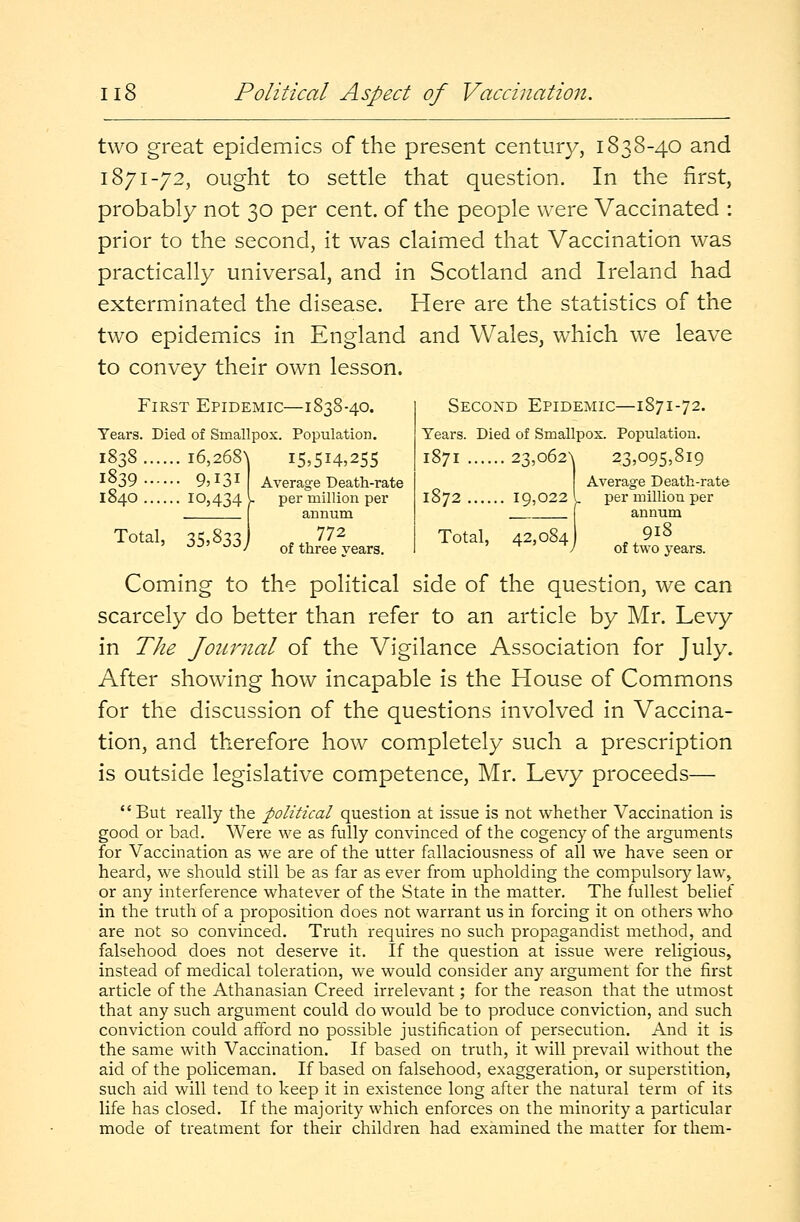 two great epidemics of the present century, 1838-40 and 1871-72, ought to settle that question. In the first, probably not 30 per cent, of the people were Vaccinated : prior to the second, it was claimed that Vaccination was practically universal, and in Scotland and Ireland had exterminated the disease. Here are the statistics of the two epidemics in England and Wales, which we leave to convey their own lesson. First Epidemic—1838-40. Tears. Died of Smallpox. Population. 1838 16,268' 1839 9,131 1840 IO,434 Total, 35,833 15,514,255 Average Death-rate per million per annum 772 of three vears. Second Epidemic—1871-72. Years. Died of Smallpox. Population. 1871 23,o62\ 23,095,819 Average Death-rate 1872 19,022V. per million per J annum Total, 42,084 9i8 ^ / of two years. Coming to the political side of the question, we can scarcely do better than refer to an article by Mr. Levy in The Journal of the Vigilance Association for July. After showing how incapable is the House of Commons for the discussion of the questions involved in Vaccina- tion, and therefore how completely such a prescription is outside legislative competence, Mr. Levy proceeds— But really the political question at issue is not whether Vaccination is good or bad. Were we as fully convinced of the cogency of the arguments for Vaccination as we are of the utter fallaciousness of all we have seen or heard, we should still be as far as ever from upholding the compulsory law, or any interference whatever of the State in the matter. The fullest belief in the truth of a proposition does not warrant us in forcing it on others who are not so convinced. Truth requires no such propagandist method, and falsehood does not deserve it. If the question at issue were religious, instead of medical toleration, we would consider any argument for the first article of the Athanasian Creed irrelevant; for the reason that the utmost that any such argument could do would be to produce conviction, and such conviction could afford no possible justification of persecution. And it is the same with Vaccination. If based on truth, it will prevail without the aid of the policeman. If based on falsehood, exaggeration, or superstition, such aid will tend to keep it in existence long after the natural term of its life has closed. If the majority which enforces on the minority a particular mode of treatment for their children had examined the matter for them-