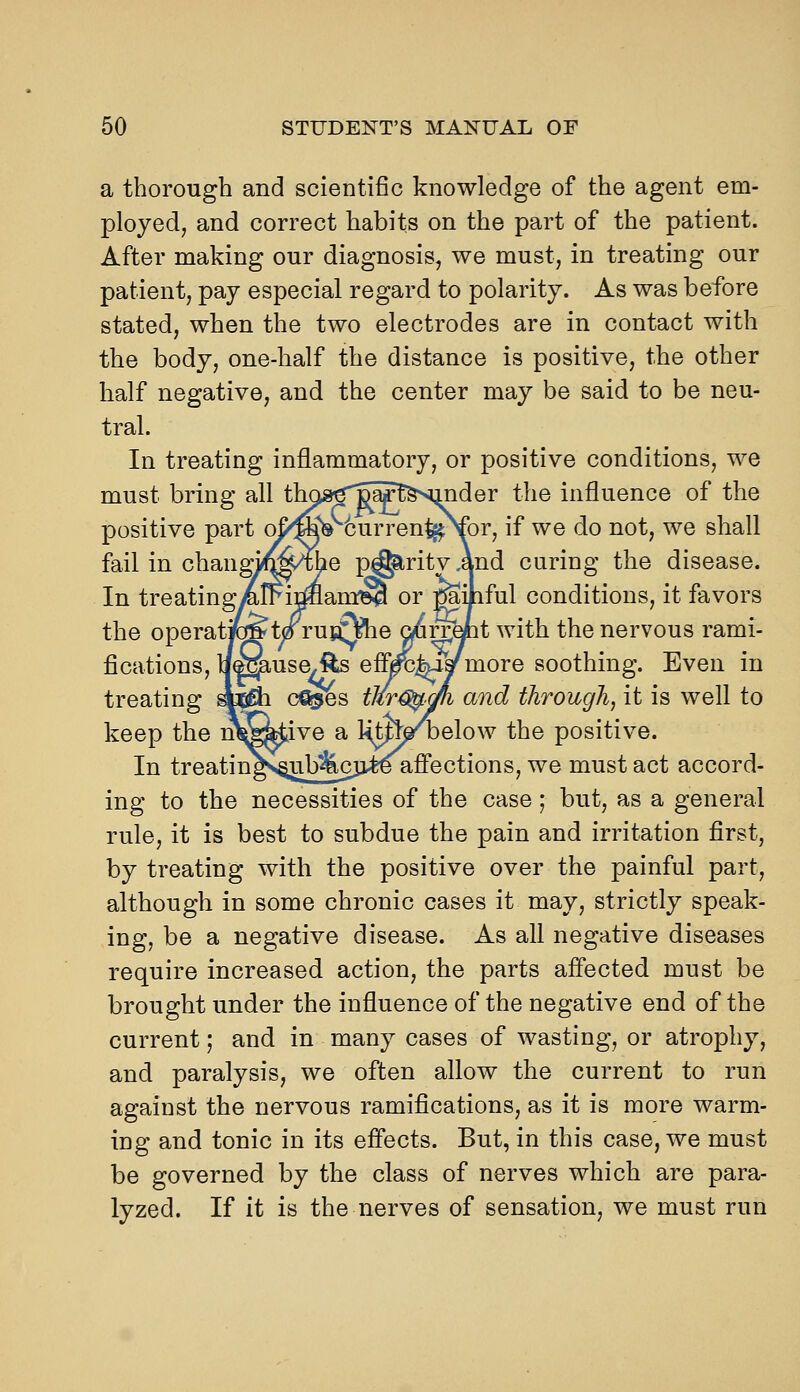 a thorough and scientific knowledge of the agent em- ployed, and correct habits on the part of the patient. After making our diagnosis, we must, in treating our patient, pay especial regard to polarity. As was before stated, when the two electrodes are in contact with the body, one-half the distance is positive, the other half negative, and the center may be said to be neu- tral. In treating inflammatory, or positive conditions, we must bring all tlm»^^a|ft&smider the influence of the positive part o£w» 6urren^\br, if we do not, we shall fail in changi^m^he p^ritv And curing the disease. In treating/,rFijiBanr^ or miJiful conditions, it favors the operatjoStia rusn^e admpt with the nervous rami- fications, lj|^use,fts efl^kiar more soothing. Even in treating ^cdi c^es mr^o/fi and through, it is well to keep the lA^Uive a ImVoelow the positive. In treatingN§ub^^]tfee afi'ections, we must act accord- ing to the necessities of the case; but, as a general rule, it is best to subdue the pain and irritation first, by treating with the positive over the painful part, although in some chronic cases it may, strictly speak- ing, be a negative disease. As all negative diseases require increased action, the parts affected must be brought under the influence of the negative end of the current; and in many cases of wasting, or atrophy, and paralysis, we often allow the current to run against the nervous ramifications, as it is more warm- ing and tonic in its effects. But, in this case, we must be governed by the class of nerves which are para- lyzed. If it is the nerves of sensation, we must run