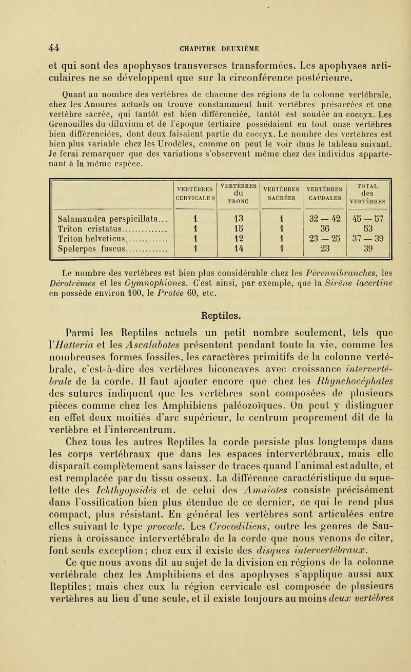 et qui sont des apophyses transverses transformées. Les apophyses arti- culaires ne se développent que sur la circonférence postérieure. Quanl au nombre des vertèbres de chacune des régions de la colonne vertébrale, chez les Anoures actuels on trouve constamment huit vertèbres présacrées et une vertèbre sacrée, qui tantôt est bien différenciée, tantôt est soudée au coccyx. Les Grenouilles du diluvium et de l'époque tertiaire possédaient en tout onze vertèbres bien différenciées, dont deux faisaient partie du coccyx. Le nombre des vertèbres est bien plus variable chez les Urodèles, comme on peut le voir dans le tableau suivant. Je ferai remarquer que des variations s'observent même chez des individus apparte- nant à la même espèce. VERTÈBRES CERVICALES VERTÈBRES du TRONC VERTÈBRES SACRÉES VERTÈBRES CAUDALES TOTAL des VERTÈBRES Salamandra perspicillata... Triton cristatus Triton helveticus 1 1 1 1 13 15 12 14 1 1 1 1 32-42 36 23 — 25 23 45 — 57 53 37 — 39 39 Spelerpes fuscus Le nombre des vertèbres est bien plus considérable chez les Pérennibranches, les Dérolrèmes et les Gymnophiones. C'est ainsi, par exemple, que la Sirène Lacertine en possède environ 100, le Protée 60, etc. Reptiles. Parmi les Reptiles actuels un petit nombre seulement, tels que VHatteria et \e& Ascalahotes présentent pendant toute la vie, comme les nombreuses formes fossiles, les caractères primitifs de la colonne verté- brale, c'est-à-dire des vertèbres biconcaves avec croissance interverté- brale de la corde. Il faut ajouter encore que chez les Rhynchocéphales des sutures indiquent que les vertèbres sont composées de plusieurs pièces comme chez les Amphibiens paléozoïques. On peut y distinguer en efîet deux moitiés d'arc supérieur, le centrum proprement dit de la vertèbre et l'intercentrum. Chez tous les autres Reptiles la corde persiste plus longtemps dans les corps vertébraux que dans les espaces intervertébraux, mais elle disparaît complètement sans laisser de traces quand l'animal est adulte, et est remplacée par du tissu osseux. La différence caractéristique du sque- lette des Ichthyopsidés et de celui des Amniotes consiste précisément dans l'ossification bien plus étendue de ce dernier, ce qui le rend plus compact, plus résistant. En général les vertèbres sont articulées entre elles suivant le type procœle. Les Crocodiliens, outre les genres de Sau- riens à croissance intervertébrale de la corde que nous venons de citer, font seuls exception; chez eux il existe des disques intervertébraux. Ce que nous avons dit au sujet de la division en régions de la colonne vertébrale chez les Amphibiens et des apophyses s'applique aussi aux Reptiles; mais chez eux la région cervicale est composée de plusieurs vertèbres au lieu d'une seule, et il existe toujours au moins deux vertèbres