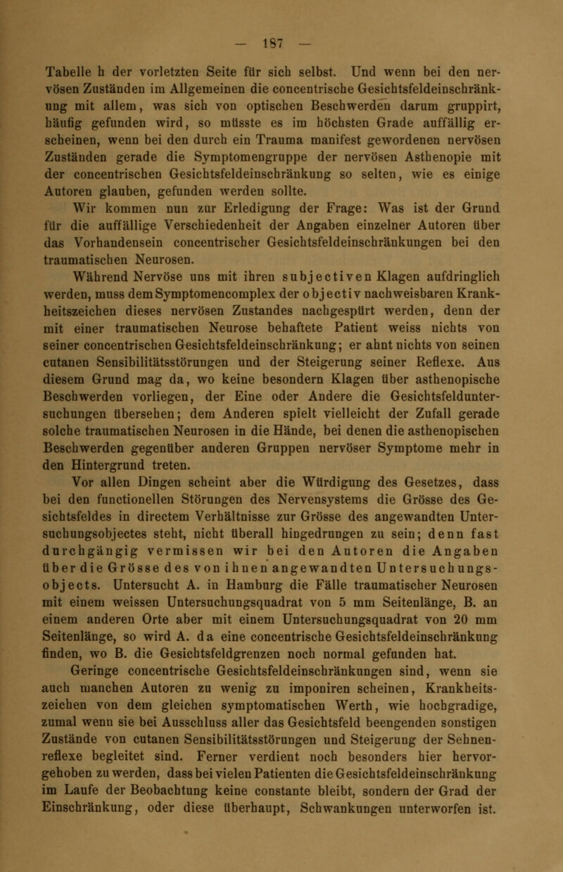 Tabelle h der vorletzten Seite für sich selbst. Und wenn bei den ner- vösen Zuständen im Allgemeinen die concentrische Gesichtsfeldeinschränk- ung mit allem, was sich von optischen Beschwerden darum gruppirt, häufig gefunden wird, so müsste es im höchsten Grade auffällig er- scheinen, wenn bei den durch ein Trauma manifest gewordenen nervösen Zuständen gerade die Symptomengruppe der nervösen Asthenopie mit der concentrischen Gesichtsfeldeinschränkung so selten, wie es einige Autoren glauben, gefunden werden sollte. Wir kommen nun zur Erledigung der Frage: Was ist der Grund für die auffällige Verschiedenheit der Angaben einzelner Autoren über das Vorhandensein concentrischer Gesichtsfeldeinschränkungen bei den traumatischen Neurosen. Während Nervöse uns mit ihren subjectiven Klagen aufdringlich werden, muss demSymptomencomplex der objectiv nachweisbaren Krank- heitszeichen dieses nervösen Zustandes nachgespürt werden, denn der mit einer traumatischen Neurose behaftete Patient weiss nichts von seiner concentrischen Gesichtsfeldeinschränkung; er ahnt nichts von seinen cutanen Sensibilitätsstörungen und der Steigerung seiner Reflexe. Aus diesem Grund mag da, wo keine besondern Klagen über asthenopische Beschwerden vorliegen, der Eine oder Andere die Gesichtsfeldunter- suchungen übersehen; dem Anderen spielt vielleicht der Zufall gerade solche traumatischen Neurosen in die Hände, bei denen die asthenopischen Beschwerden gegenüber anderen Gruppen nervöser Symptome mehr in den Hintergrund treten. Vor allen Dingen scheint aber die Würdigung des Gesetzes, dass bei den functionellen Störungen des Nervensystems die Grösse des Ge- sichtsfeldes in directem Verhältnisse zur Grösse des angewandten Unter- suchungsobjectes steht, nicht tiberall hingedrungen zu sein; denn fast durchgängig vermissen wir bei den Autoren die Angaben über die Grösse des von ihnen angewandten Untersuchungs- objects. Untersucht A. in Hamburg die Fälle traumatischer Neurosen mit einem weissen Untersuchungsquadrat von 5 mm Seitenlänge, B. an einem anderen Orte aber mit einem Untersuchungsquadrat von 20 mm Seitenlänge, so wird A. da eine concentrische Gesichtsfeldeinschränkung finden, wo B. die Gesichtsfeldgrenzen noch normal gefunden hat. Geringe concentrische Gesichtsfeldeinschränkungen sind, wenn sie auch manchen Autoren zu wenig zu imponiren scheinen, Krankheits- zeichen von dem gleichen symptomatischen Werth, wie hochgradige, zumal wenn sie bei Ausschluss aller das Gesichtsfeld beengenden sonstigen Zustände von cutanen Sensibilitätsstörungen und Steigerung der Sehnen- reflexe begleitet sind. Ferner verdient noch besonders hier hervor- gehoben zu werden, dass bei vielen Patienten die Gesichtsfeldeinschränkung im Laufe der Beobachtung keine constante bleibt, sondern der Grad der Einschränkung, oder diese überhaupt, Schwankungen unterworfen ist.