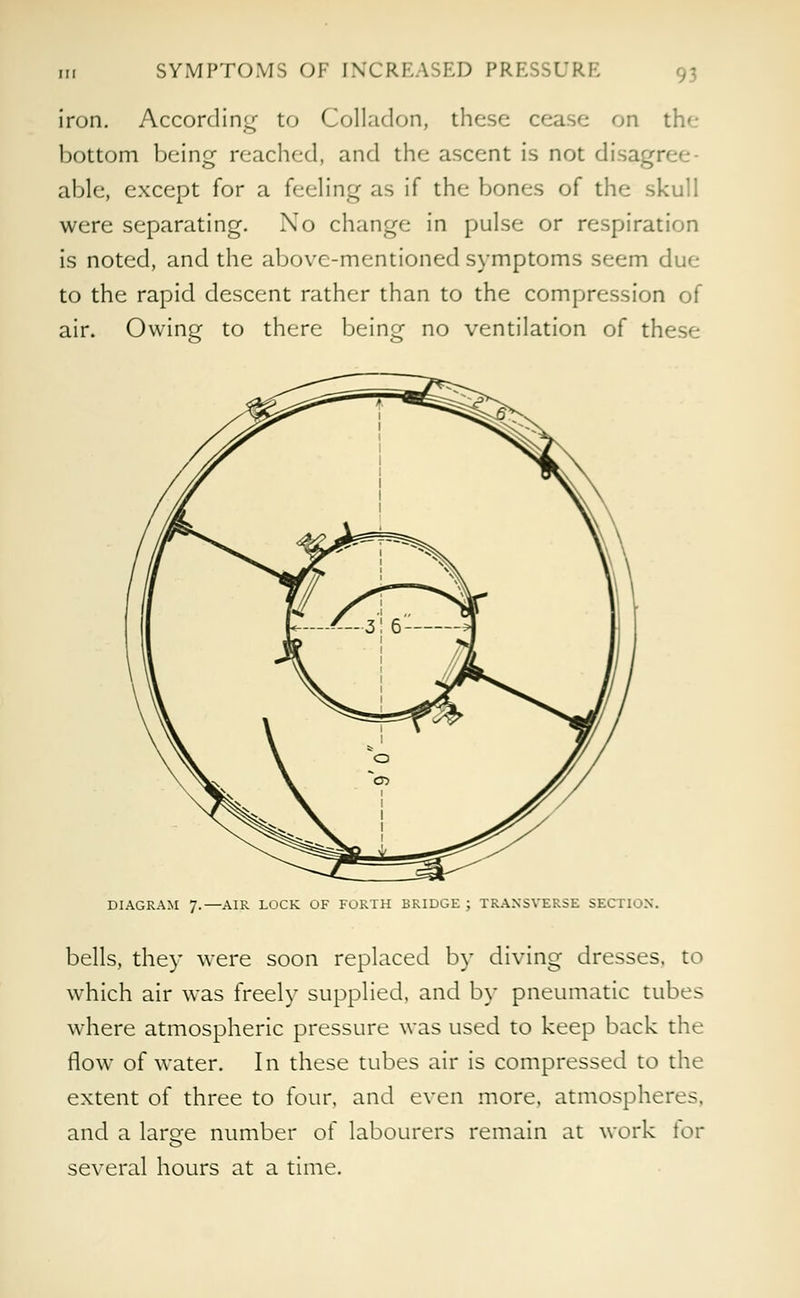 iron. According to Colladon, the e on the bottom being readied, and the ascent is not di able, except for a feeling as if the bones of the skull were separating. No change in pulse or respiration is noted, and the above-mentioned symptoms seem due to the rapid descent rather than to the compression of air. Owing to there being no ventilation of these DIAGRAM 7.—AIR LOCK OF FORTH BRIDGE ; TRANSVERSE SECTION. bells, they were soon replaced by diving dresses, to which air was freely supplied, and by pneumatic tubes where atmospheric pressure was used to keep back the flow of water. In these tubes air is compressed to the extent of three to four, and even more, atmospheres, and a laro-e number of labourers remain at work for several hours at a time.