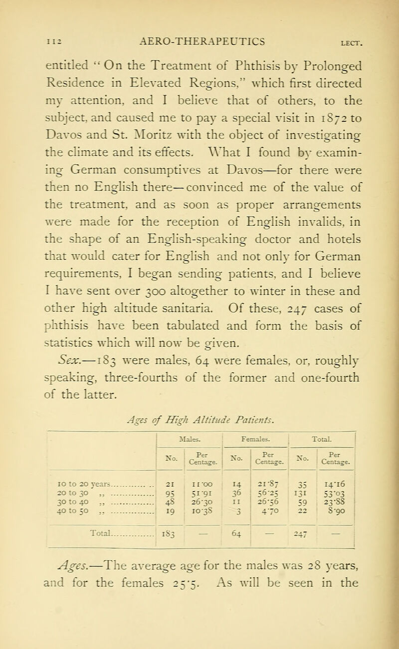 entitled On the Treatment of Phthisis by Prolonged Residence in Elevated Regions. which first directed my attention, and I believe that of others, to the subject, and caused me to pay a special visit in 1S72 to Davos and St. Moritz with the object of investigating the climate and its effects. What I found by examin- ing German consumptives at Davos—for there were then no English there—convinced me of the value of the treatment, and as soon as proper arrangements were made for the reception of English invalids, in the shape of an English-speaking doctor and hotels that would cater for English and not only for German requirements, I began sending patients, and I believe I have sent over 300 altogether to winter in these and other high altitude sanitaria. Of these, 247 cases of phthisis have been tabulated and form the basis of statistics which will now be given. Sex.—183 were males, 64 were females, or. roughly speaking, three-fourths of the former and one-fourth of the latter. Ages of High Altitude Patie7its. Males. Females. Total. No. Per Centage. x-„ Per -NO. r* ^■t'.zzLZt. No. Per Zi7.ZS.ZZ. 10 to 20 vears... 21 -■ 95 • • 48 .. 19 11 OO 5I-9I 26-30 IO3S 14 36 II 3 21-87 5^-25 -'-: - 470 35 131 59 22 14-16 53'03 23-S8 8-90 20 ro 30 30 to 40 .. Total.. - 183 — 64 247 Ages.—The average age for the males was 28 years, and for the females 25*5. As will be seen in the