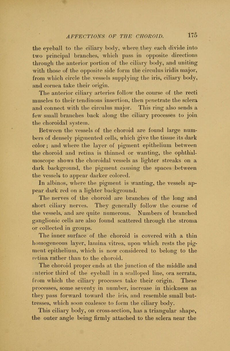 the eyeball to the ciliary body, where they each divide into two principal branches, which pass in opposite directions through the anterior portion of the ciliary body, and uniting with those of the opposite side form the circulus iridis major, from which circle the.vessels supplying the iris, ciliary body, and cornea take their origin. The anterior ciliary arteries follow the course of the recti muscles to their tendinous insertion, then penetrate the sclera and connect with the circulus major. This ring also sends a few small branches back along the ciliary processes to join the choroidal system. Between the vessels of the choroid are found large num- bers of densely pigmented cells, which give the tissue its dark color; and where the layer of pigment epithelium between the choroid and retina is thinned or wanting, the ophthal- moscope shows the choroidal vessels as lighter streaks on a dark background, the pigment causing the spaces between the vessels to appear darker colored. In albinos, where the pigment is wanting, the vessels ap- pear dark red on a lighter background. The nerves of the choroid are branches of the long and short ciliary nerves. They generally follow the course of the vessels, and are quite numerous. Numbers of branched ganglionic cells are also found scattered through the stroma or collected in groups. The inner surface of the choroid is covered with a thin homogeneous layer, lamina vitrea, upon which rests the pig- ment epithelium, which is now considered to belong to the retina rather than to the choroid. The choroid proper ends at the junction of the middle and anterior third of the eyeball in a scalloped line, ora serrata, from which the ciliary processes take their origin. These processes, some seventy in number, increase in thickness as they pass forward toward the iris, and resemble small but- tresses, which soon coalesce to form the ciliary body. This ciliary body, on cross-section, has a triangular shape, the outer angle being firmly attached to the sclera near the