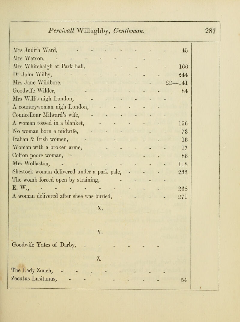 Mrs Judith Ward, 45 Mrs Watson, - Mrs Whitehalgh at Park-hall, ..... 166 Dr John Wilby, 244 Mrs Jane Wildbore, --.... 22—141 Goodwife Wilder, -_-... * 84 Mrs Willis nigh London, - - A countrywoman nigh London, • - Councellour Milward's wife, ..... - A woman tossed in a blanket, .... 156 No woman born a midwife, ...... 73 Italian & Irish women, - 16 Woman with a broken arme, - 17 Colton poore woman, ------ 86 Mrs Wollaston, 118 Shestock woman delivered under a park pale, 233 The womb forced open by straining, ... - E. W., 268 A woman delivered after shee was buried, 271 X. Y. Goodwife Yates of Darby, - - Z. The Lady Zouch, --.._.. . Zacutus Lusitanus, - _ 54 1