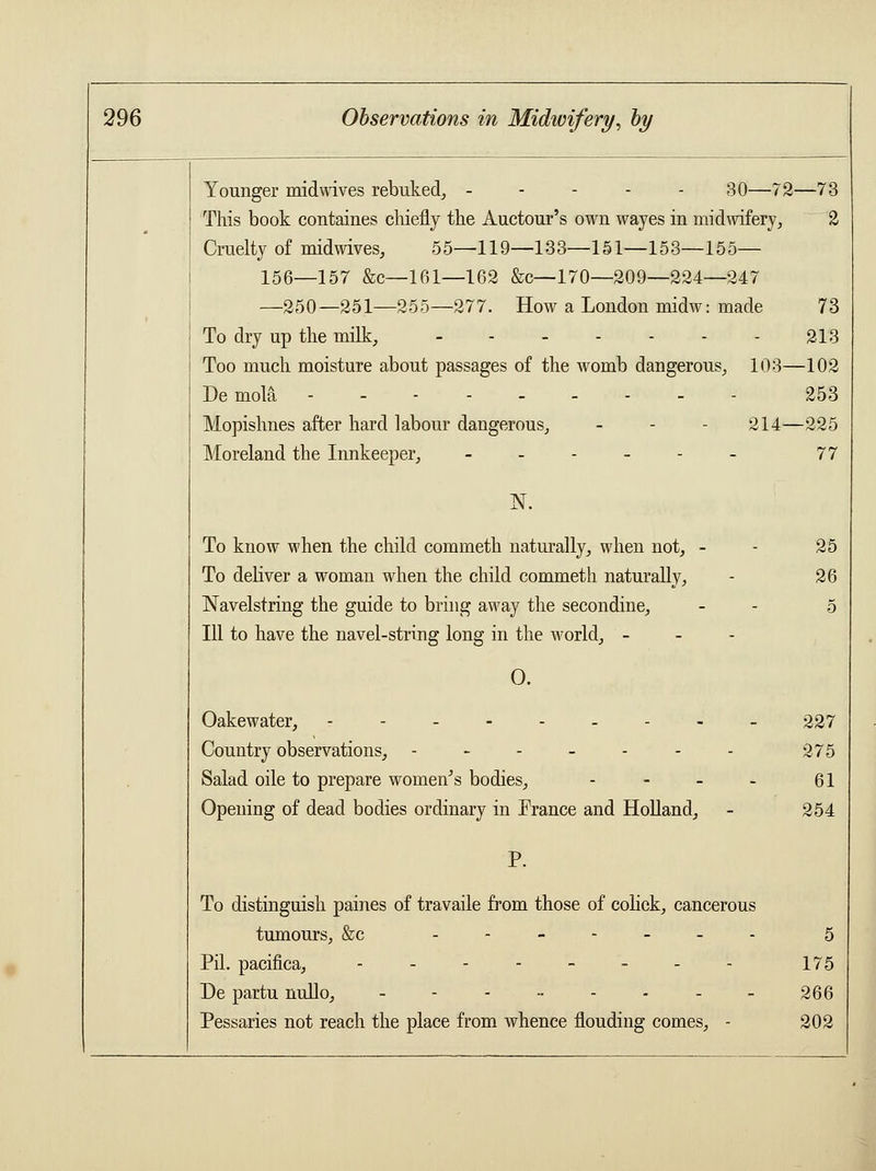 Younger mid wives rebuked, ----- 30—72—73 This book containes chiefly the Auctour's own wayes in midwifery, 2 Cruelty of midwives, 55—119—133—151—153—155— 156—157 &c—161—162 &c—170—209—224—247 —250—251—255—277. How a London midw: made 73 To dry up the milk, 213 Too much moisture about passages of the womb dangerous, 103—102 Demola 253 Mopishnes after hard labour dangerous, - - - 214—225 Moreland the Innkeeper, ._-.-_ 77 N. To know when the child commeth naturally, when not, - - 25 To deliver a woman when the child commeth naturally, - 26 Navelstring the guide to bring away the secondine, - - 5 111 to have the navel-string long in the world, - O. Oakewater, -----..-_ 227 Country observations, - - - - - - - 275 Salad oile to prepare women's bodies, - - - - 61 Opening of dead bodies ordinary in Prance and Holland, - 254 P. To distinguish paines of travaile from those of colick, cancerous tumours, &c _-_-__. 5 Pil. pacifica, __--___- 175 De partu nullo, .--..-.__ 266 Pessaries not reach the place from whence flouding comes, - 202