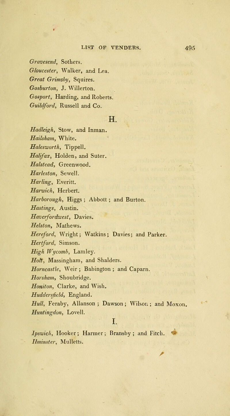 Gravesend, Sotbers. Gloucester, Walker, and Lea. Great Grimsby, Squires. Gosburton, J. Willerton. Gosport, Harding, and Roberts. Guildford, Russell and Co. H. Hadleigh, Stow, and Inman. Hailsham, White, Holes-worth, Tippell. Halifax, Holden, and Suter. Halstead, Greenwood. ^ Harleston, Sewell, Harling, Everitt. Harwich, Herbert. Harborough, Higgs ; Abbott; and Burton. Hastings, Austin. Haverfordwest, Davies. Helston, Mathews. Hereford, Wright; Watkins; Davies; and Parker. Hertford, Sim son. High Wyeomb, Lamley. HoU, Massingham, and Shalders. Horncastle, Weir ; Babington ; and Caparn. Horsham, Shoubridge, Honiton, Clarke, and Wish. Huddersfeld, England. Hull, Feraby, AUanson ; Dawson ; Wilson; and Moxon. Huntingdon, Lovell. I. Ipswich, Hooker; Harmer; Bransby ; and Fitch. ^ Ilminster, MuUetts.