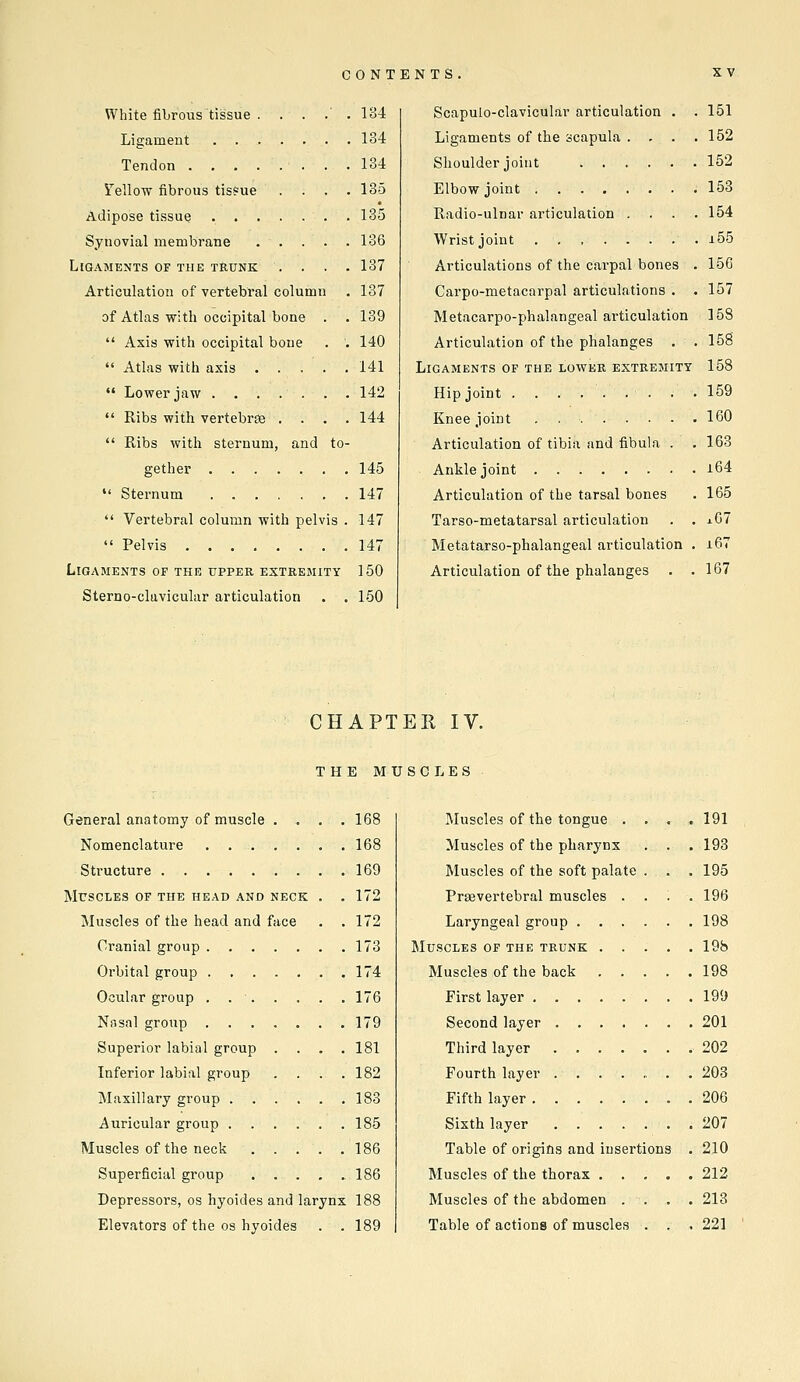 White fibrous tissue . . . .' . Ligament Tendon i''ello'w fibrous tis*ue . . . . Adipose tissue Synovial membrane Ligaments of the trunk . . . . Articulation of vertebral column of Atlas with occipital bone .  Axis with occipital bone . .  Atlas with axis  Lower jaw .......  Ribs with vertebrae . . . .  Ribs with sternum, and to- gether  Sternum  Vertebral column with pelvis .  Pelvis Ligaments of the upper extremity Sterno-cluvicular articulation . . 134 134 134 135 135 136 137 137 139 140 141 142 144 145 147 147 147 150 150 Scapulo-clavicular articulation . . Ligaments of the scapula . . . . Shoulder joint Elbow joint . ; Radio-ulnar articulation . . . . Wrist joint Articulations of the carpal bones . Carpo-metacarpal articulations . . Metacarpo-phalangeal articulation Articulation of the phalanges . . Ligaments of the lower extremity Hip joint ......... Knee joint Articulation of tibia and fibula . . Ankle joint Articulation of the tarsal bones Tarso-metatarsal articulation . . Metatarso-phalangeal articulation . Articulation of the phalanges . . 151 152 152 153 154 i55 156 157 158 158 158 159 160 163 i64 165 x67 i67 167 CHAPTER IV. THE MUSCLES General anatomy of muscle .... 168 Nomenclature ....... 168 Structure 169 Muscles of the head and neck . . 172 Muscles of the head and face . .172 Cranial group 173 Orbital group 174 Ocular group ....... 176 Nasal group 179 Superior labial group .... 181 Inferior labial group .... 182 Maxillary group 183 Auricular group 185 Muscles of the neck 186 Superficial group 186 Depressors, os hyoides and larynx 188 Elevators of the OS hyoides . . 189 Muscles of the tongue .... 191 Muscles of the pharynx . . . 193 Muscles of the soft palate . . . 195 Prsevertebral muscles .... 196 Laryngeal group 198 Muscles of the trunk ..... IQb Muscles of the back 198 First layer 199 Second layer 201 Third layer ....... 202 Fourth layer 203 Fifth layer 206 Sixth layer 207 Table of origins and insertions . 210 Muscles of the thorax 212 Muscles of the abdomen .... 213 Table of actions of muscles . . . 221