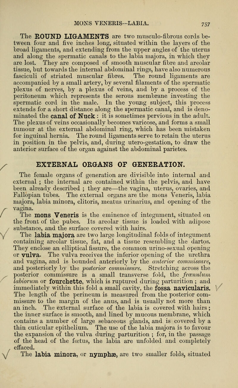 The ROUND LIGAMENTS are two musculo-fibrous cords be- tween four and five inches long, situated within the layers of the broad ligaments, and extending from the upper angles of the uterus and along the spermatic canals to the labia majora, in which they are lost. They are composed of smooth muscular fibre and areolar tissue, but towards the internal abdominal rings, have also numerous fasciculi of striated muscular fibres. The round ligaments are accompanied by a small artery, by several filaments of the spermatic plexus of nerves, by a plexus of veins, and by a process of the peritoneum which represents the serous membrane investing the spermatic cord in the male. In the young subject, this process extends for a short distance along the spermatic canal, and is deno- minated the canal of Nuck : it is sometimes pervious in the adult. The plexus of veins occasionally becomes varicose, and forms a small tumour at the external abdominal ring, which has been mistaken for inguinal hernia. The round ligaments serve to retain the uterus in position in the pelvis, and, during utero-gestation, to draw the anterior surface of the organ against the abdominal parietes. EXTERNAL ORGANS OF GENERATION. The female organs of generation are divisible into internal and external ; the internal are contained within the pelvis, and have been already described ; they are—the vagina, uterus, ovaries, and Fallopian tubes. The external organs are the mons Veneris, labia majora, labia minora, clitoris, meatus urinarius, and opening of the vagina. The mons Veneris is the eminence of integument, situated 011 the front of the pubes. Its areolar tissue is loaded with adipose substance, and the surface covered with hairs. The labia majora are two large longitudinal folds of integument containing areolar tissue, fat, and a tissue resembling the dartos. They enclose an elliptical fissure, the common urino-sexual opening or vulva. The vulva receives the inferior opening of the urethra and vagina, and is bounded anteriorly by the anterior commissure, and posteriorly by the posterior commissure. Stretching across the posterior commissure is a small transverse fold, the frcenulum labiorum or fourchette, which is ruptured during parturition ; and immediately within this fold a small cavity, the fossa navicularis. \ The length of the perineum is measured from the posterior com- missure to the margin of the anus, and is usually not more than an inch. The external surface of the labia is covered with hairs ; the inner surface is smooth, and lined by mucous membrane, which contains a number of large sebaceous glands, and is covered by a thin cuticular epithelium. The use of the labia majora is to favour the expansion of the vulva during parturition ; for, in the passage of the head of the foetus, the labia are unfolded and completely effaced. The labia minora, or nymphs, are two smaller folds, situated