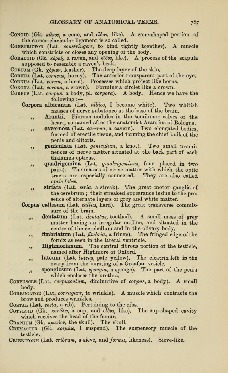 Conoid (Gk. kQvos, a cone, and eTSos, like). A cone-shaped portion of the coraco-clavicular ligament is so called. Constrictor (Lat. constringere, to bind tightly together). A muscle which constricts or closes any opening of the body. Coracoid (Gk. icdpaZ, a raven, and eTdos, like). A process of the scapula supposed to resemble a raven's beak. Corium (Gk. x^PL0Vi leather). The deep layer of the skin. Cornea (Lat. corneus, horny). The anterior transparent part of the eye. Cornda (Lat. cornu, a horn). Processes which project like horns. Corona (Lat. corona, a crown). Forming a circlet like a crown. Corpus (Lat. corpus, a body, pi. corpora). A body. Hence we have the following :— Corpora albicantia (Lat. alhico, I become white). Two whitish masses of nerve substance at the base of the brain. ,, Arantii. Fibrous nodules in the semilunar valves of the heart, so named after the anatomist Arantius of Bologna. ,, cavernosa (Lat. caverna, a cavern). Two elongated bodies, formed of erectile tissue, and forming the chief bulk of the penis and clitoris. ,, geniculata (Lat. geniculum, a knot). Two small promi- nences of nerve matter situated at the back part of each thalamus opticus. ,, quadrigemina (Lat. quadrigeminus, four placed in two pairs). The masses of nerve matter with which the optic tracts are especially connected. They are also called optic lobes. ,, striata (Lat. stria, a streak). The great motor ganglia of the cerebrum ; their streaked appearance is due to the pre- sence of alternate layers of grey and white matter. Corpus callosum (Lat. callus, hard). The great transverse commis- sure of the brain. ,, dentatum (Lat. dentatus, toothed). A small mass of grey matter having an irregular outline, and situated in the centre of the cerebellum and in the olivary body. ,, fimbriatum (Lat. fimbria, a fringe). The fringed edge of the fornix as seen in the lateral ventricle. „ Highmorianum. The central fibrous portion of the testicle, named after Highmore of Oxford. ,, luteum (Lat. luteus, pale yellow). The cicatrix left in the ovary from the bursting of a Graafian vesicle. „ spongiosum (Lat. spongia, a sponge). The part of the penis which encloses the urethra. Corpuscle (Lat. corpusculum, diminutive of corpus, a body). A small body. Corrugator (Lat. corrugare, to wrinkle). A muscle which contracts the brow and produces wrinkles. Costal (Lat. costa, a rib). Pertaining to the ribs. Cotyloid (Gk. kotjjXtj, a cup, and eldos, like). The cup-shaped cavity which receives the head of the femur. Cranium (Gk. xpaviov, the skull). The skull. Cremaster (Gk. Kpe/Jidu), I suspend). The suspensory muscle of the testicle. Cribriform (Lat. cribrum, a sieve, and forma, likeness). Sieve-like.