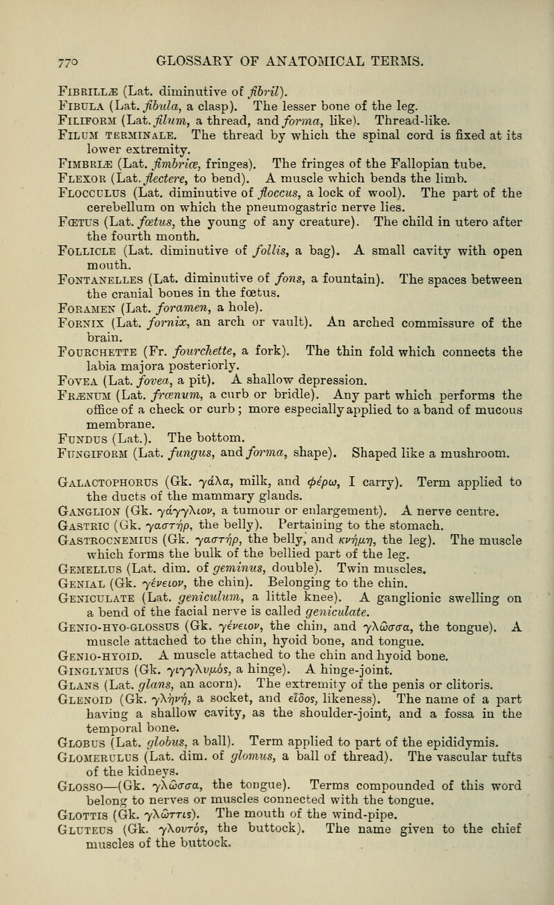 Fibrill^e (Lat. diminutive of fibril). Fibula (Lat. fibula, a clasp). The lesser bone of the leg. Filiform (Lat.^?/»i, a thread, and forma, like). Thread-like. Filum terminale. The thread by which the spinal cord is fixed at its lower extremity. Fimbrle (Lat. fimbrice, fringes). The fringes of the Fallopian tube. Flexor (Lat. fiectere, to bend). A muscle which bends the limb. Flocculus (Lat. diminutive of floccus, a lock of wool). The part of the cerebellum on which the pneumogastric nerve lies. Fcetus (Lat. fcetus, the young of any creature). The child in utero after the fourth month. Follicle (Lat. diminutive of follis, a bag). A small cavity with open mouth. Fontanelles (Lat. diminutive of fons, a fountain). The spaces between the cranial bones in the foetus. Foramen (Lat. foramen, a hole). Fornix (Lat. fornix, an arch or vault). An arched commissure of the brain. Fourchette (Fr. fourcliette, a fork). The thin fold which connects the labia majora posteriorly. Fovea (Lat. fovea, a pit). A shallow depression. Fr^enum (Lat. frcenum, a curb or bridle). Any part which performs the office of a check or curb; more especially applied to a band of mucous membrane. Fundus (Lat.). The bottom. Fungiform (Lat. fungus, and/onna, shape). Shaped like a mushroom. Galactophorus (Gk. yd\a, milk, and <pepu, I carry). Term applied to the ducts of the mammary glands. Ganglion (Gk. ydyyXiov, a tumour or enlargement). A nerve centre. Gastric (Gk. yaarrip, the belly). Pertaining to the stomach. Gastrocnemius (Gk. yaa-rrjp, the belly,' and Kvqpvq, the leg). The muscle which forms the bulk of the bellied part of the leg. Gemellus (Lat. dim. of geminus, double). Twin muscles. Genial (Gk. yeveiov, the chin). Belonging to the chin. Geniculate (Lat. geniculum, a little knee). A ganglionic swelling on a bend of the facial nerve is called geniculate. Genio-hyo-glossus (Gk. yeveiov, the chin, and yXQacra, the tongue). A muscle attached to the chin, hyoid bone, and tongue. Genio-htoid. A muscle attached to the chin and hyoid bone. Ginglymus (Gk. yiyyXvfxos, a hinge). A hinge-joint. Glans (Lat. glans, an acorn). The extremity of the penis or clitoris. Glenoid (Gk. yXrjv^, a socket, and etdos, likeness). The name of a part having a shallow cavity, as the shoulder-joint, and a fossa in the temporal bone. Globus (Lat. globus, a ball). Term applied to part of the epididymis. Glomerulus (Lat. dim. of glomus, a ball of thread). The vascular tufts of the kidneys. Glosso—(Gk. ykGxraa, the tongue). Terms compounded of this word belong to nerves or muscles connected with the tongue. Glottis (Gk. yhuTTii). The mouth of the wind-pipe. Gluteus (Gk. yXovros, the buttock). The name given to the chief muscles of the buttock.