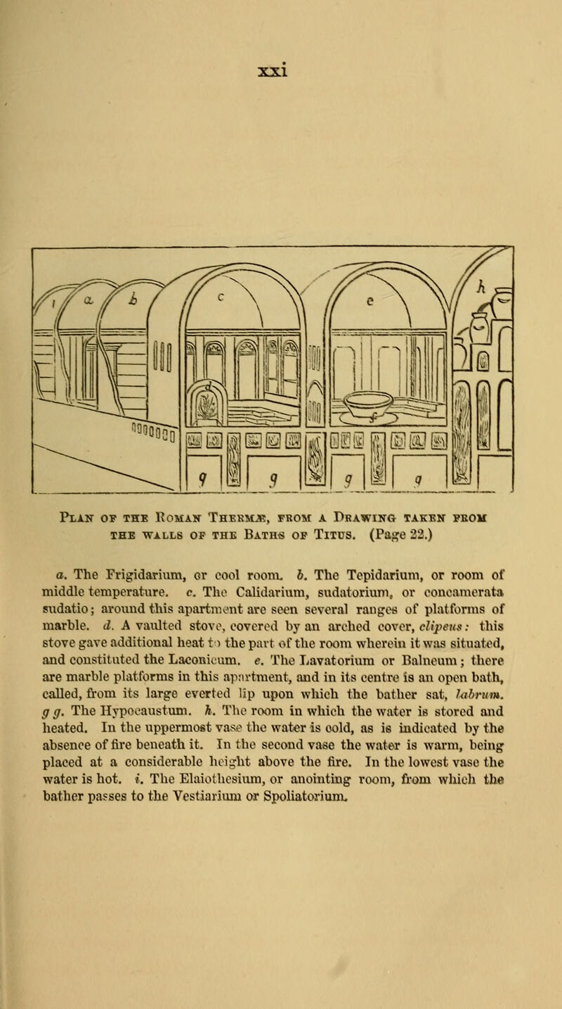 TOLL Plait of the Romav Thbkiob, from a Dbawikg taebk fboh THE WALLS OP THE Baths OF TiTUS. (Paf?e 22.) a. The Frigidarium, or cool rooni, 6. The Tcpidarium, or room of middle temperature, c. The Calidarium, sudatorium, or eonoamorata sudatio; around this apartmoiit are seen several ranges of platforms of marble, d. A vaulted stovo, covered by an arched cover, clipeus: this stove gave additional heat 11 the part of the room wherein it was situated, and constituted the Laconicum. e. The Lavatorium or Balneum; there are marble platforms in this apni-tment, and in its centre is an open bath, called, fi-om its large everted lip upon wliich the bather sat, hihrum. g g. The Hypooaustum. h. The room in which the water is stored and heated. In the uppermost vasi^ the water is cold, as is indicated by the absence of fire beneath it. In the second vase the water is warm, being placed at a considerable hoi;?ht above the fire. In the lowest vase the water is hot. i. The Elaiothcsium, or anointing room, from whieli the bather passes to the Vestiarimn or Spoliatorium.