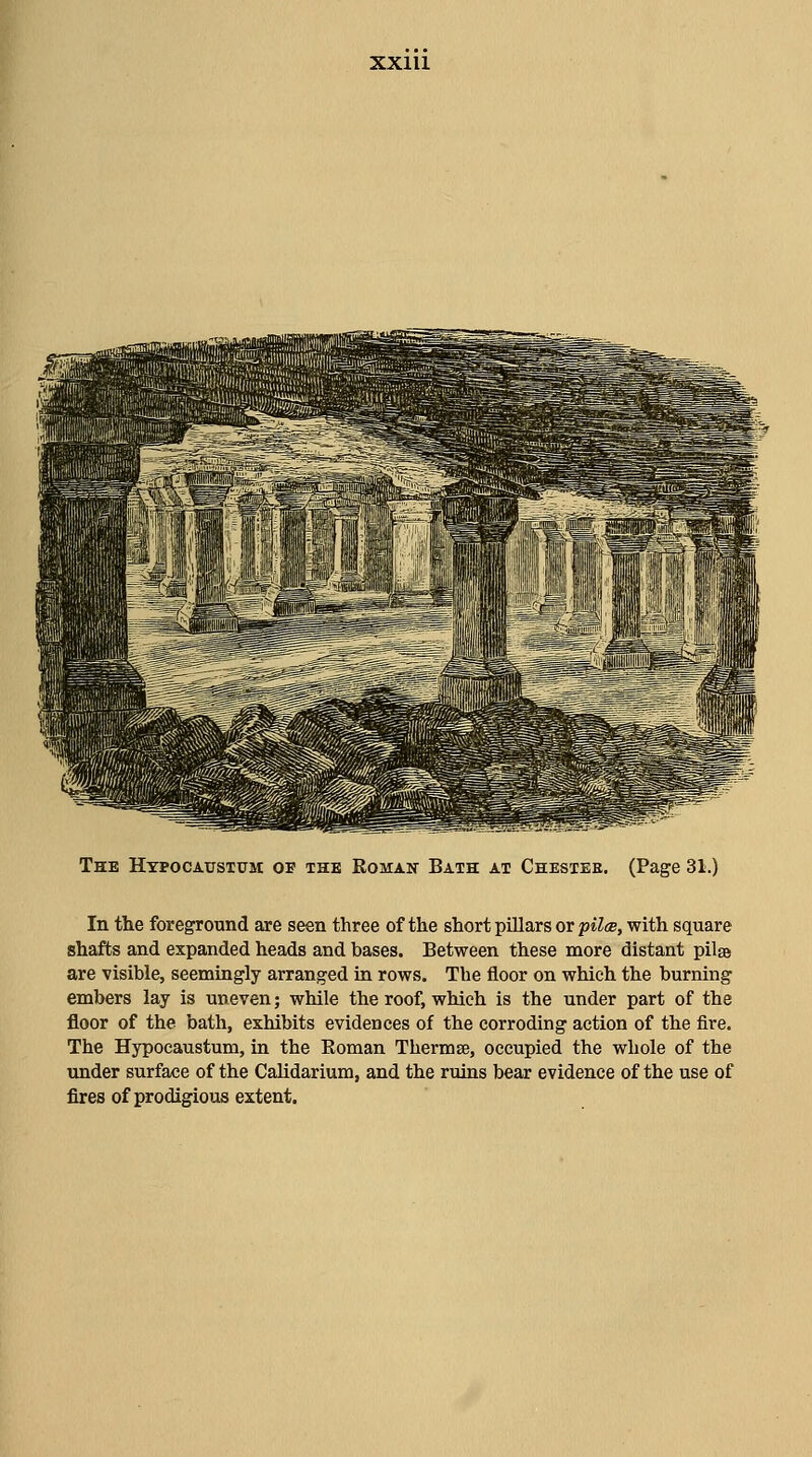 The Hypocaustum of the Romait Bath at Chester. (Page 31.) In the foreground are seen three of the short pillars or pi?(E, with square shafts and expanded heads and bases. Between these more distant pilae are visible, seemingly arranged in rows. The floor on which the burning embers lay is uneven; while the roof, which is the under part of the floor of the bath, exhibits evidences of the corroding action of the fire. The Hypocaustum, in the Roman Thermge, occupied the whole of the under surface of the Calidarium, and the ruins bear evidence of the use of fires of prodigious extent.