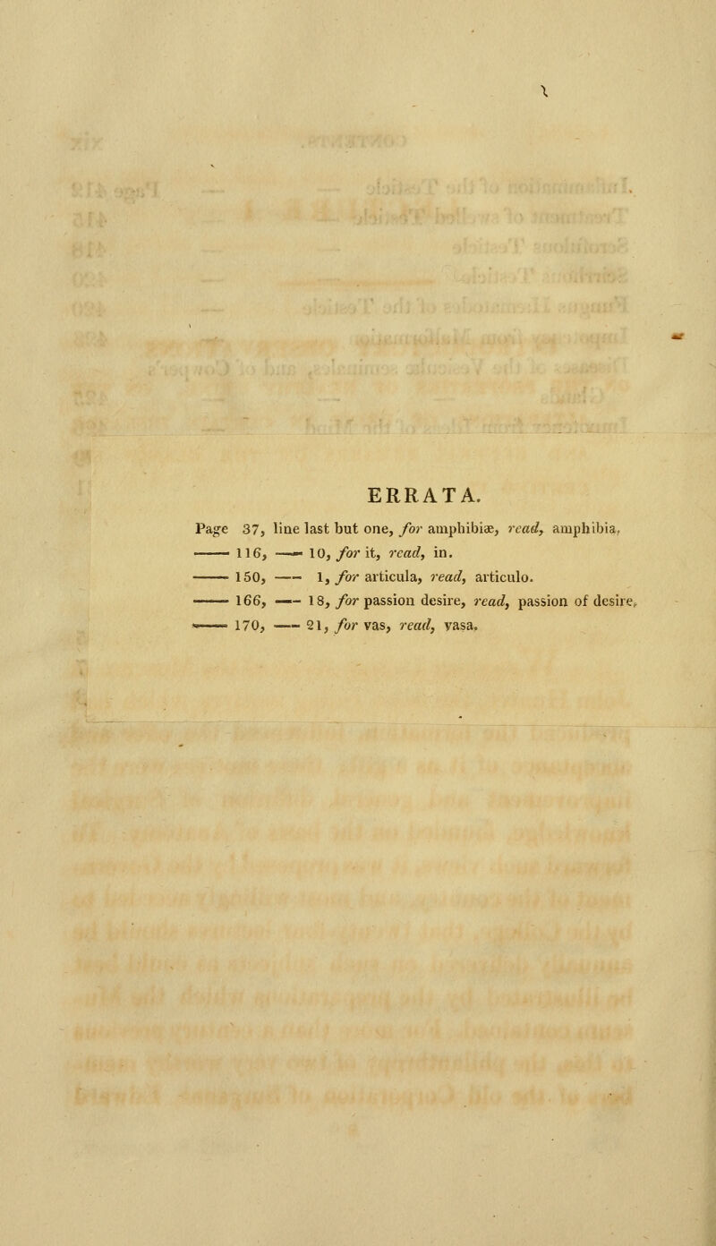 ERRATA. Page 37, line last but one, for amphibiae, ready amphibia. 116, —— 10, for it, ready in. 150, 1,/or articula, ready avticulo. 166, — 18, /or passion desire, ready passion of desire^ * ' 170, 21, for vas, ready yasa.